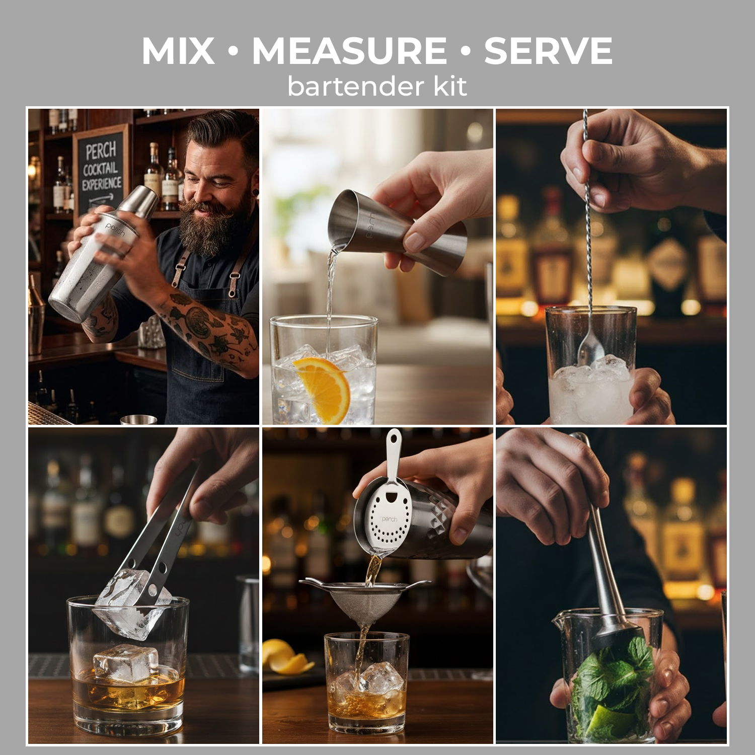 Elite 6-Piece Stainless Steel Bartender Kit | Twist Cocktail Shaker Set with Bar Tools -Silver