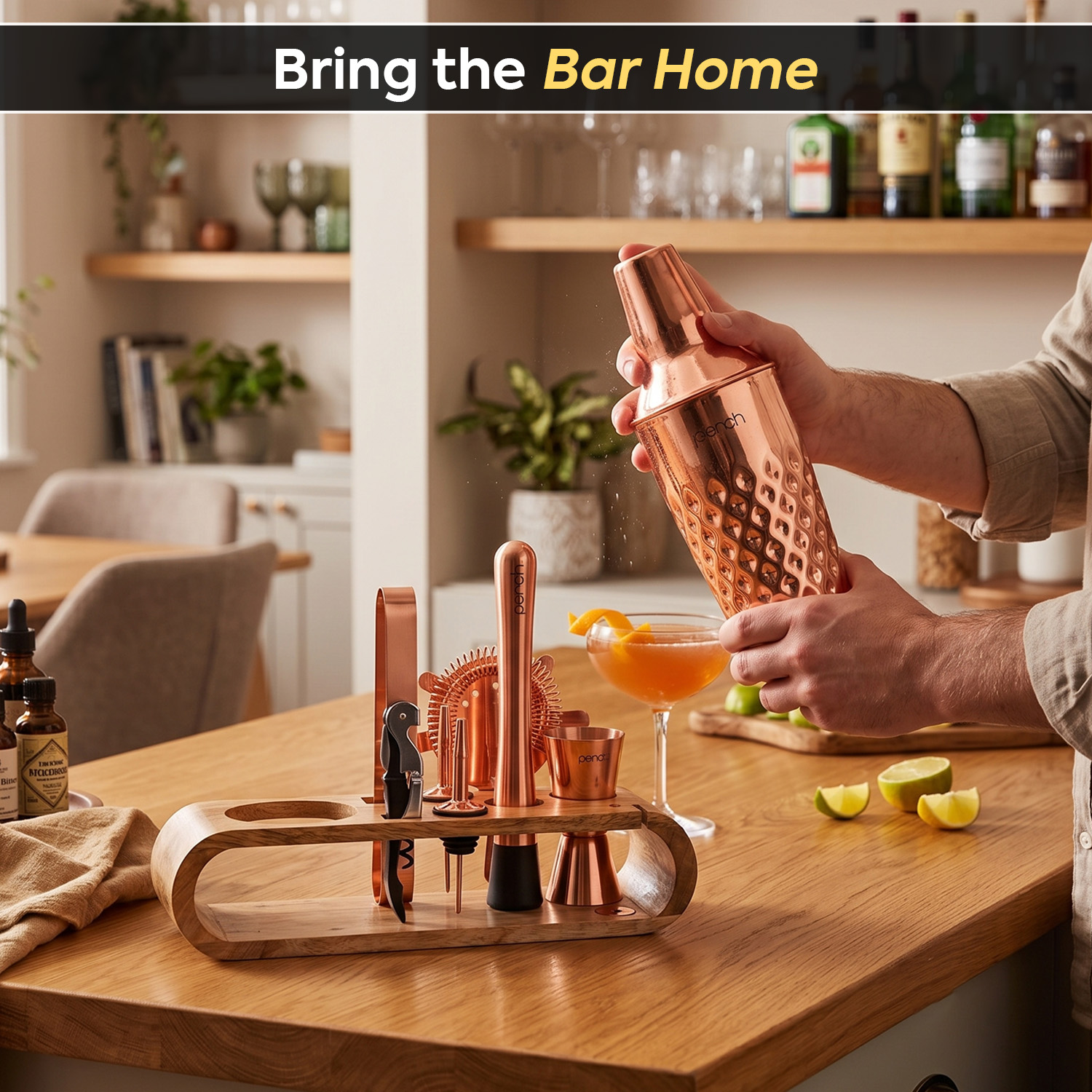 O' Holic 10-Piece Bartender Kit with Mango Wooden Stand | Diamond Cocktail Shaker | Rose Gold