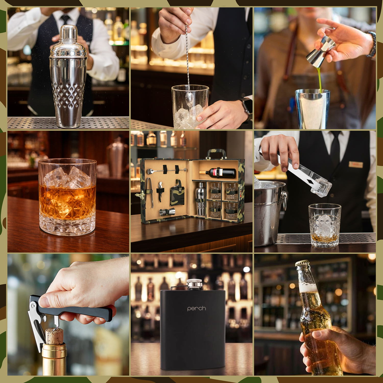 11-Piece Army Print Leatherette Suitcase Bar Set with Cocktail Shaker & 4 Whisky Glasses – Silver
