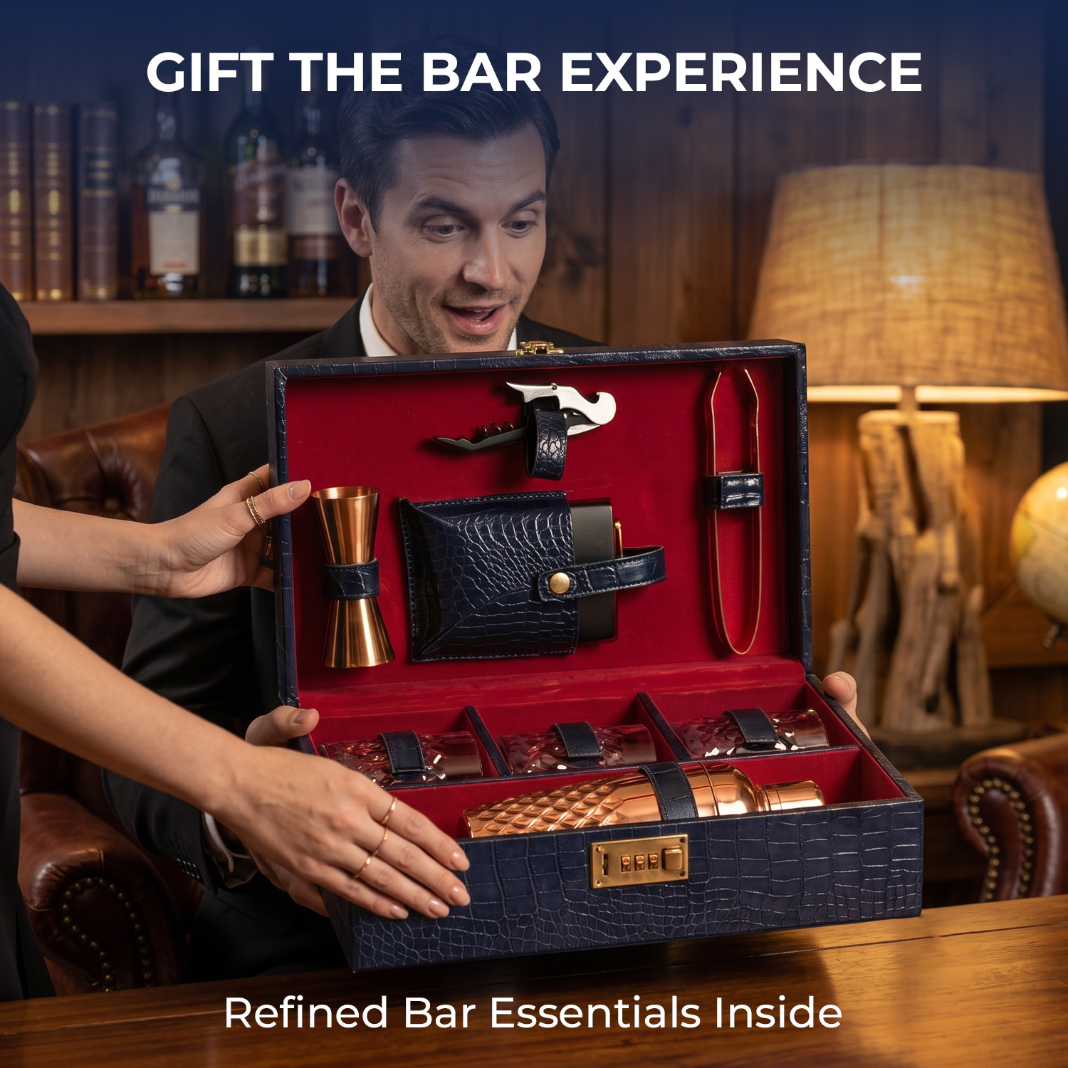 9-Piece Crocodile Print Leatherette Suitcase Bar Set with Cocktail Shaker & 3 Whisky Glasses – Rose Gold