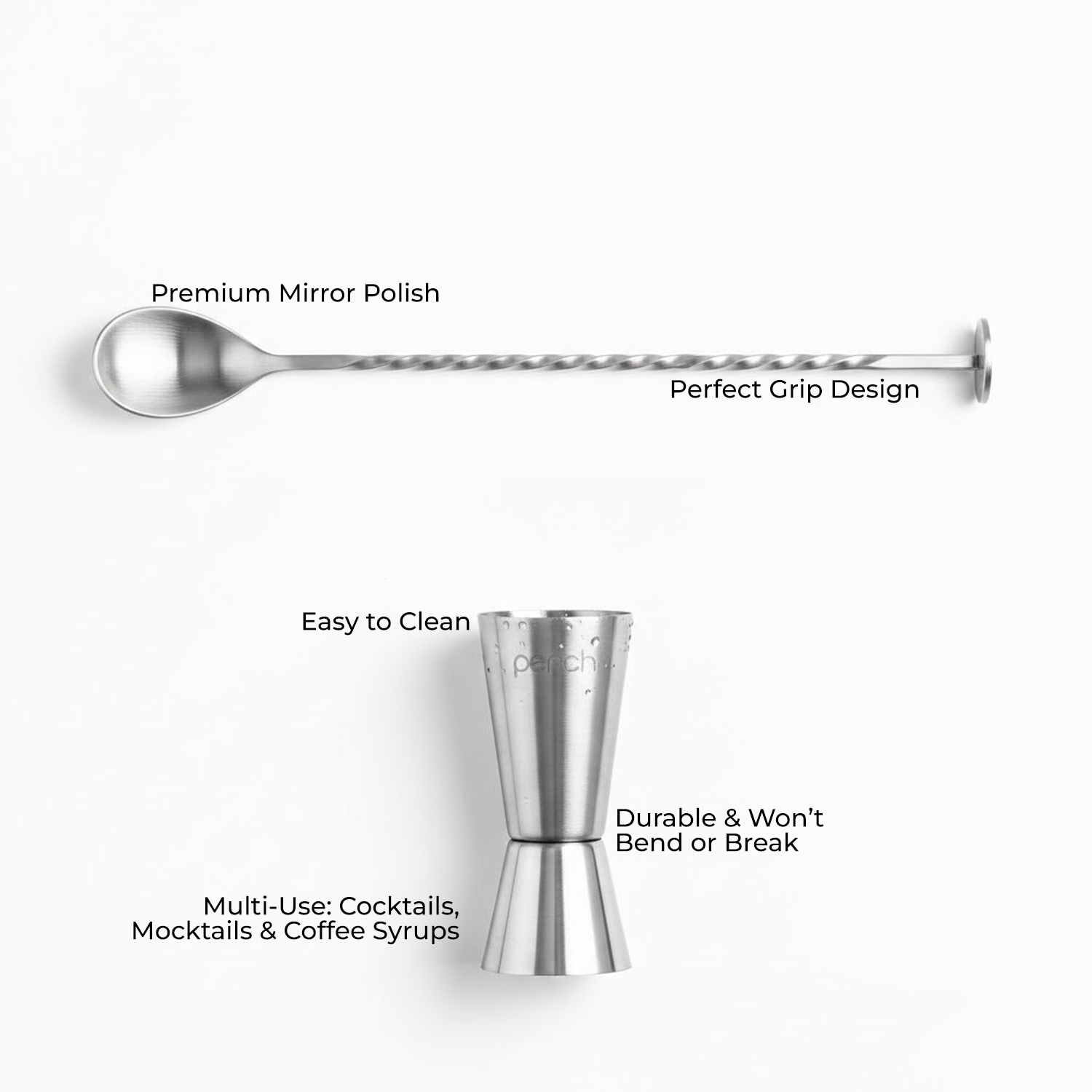 Bar Spoon & Jigger Set for Cocktails & Mocktails – Mixing Spoon and Double Sided Measuring Tool – Silver