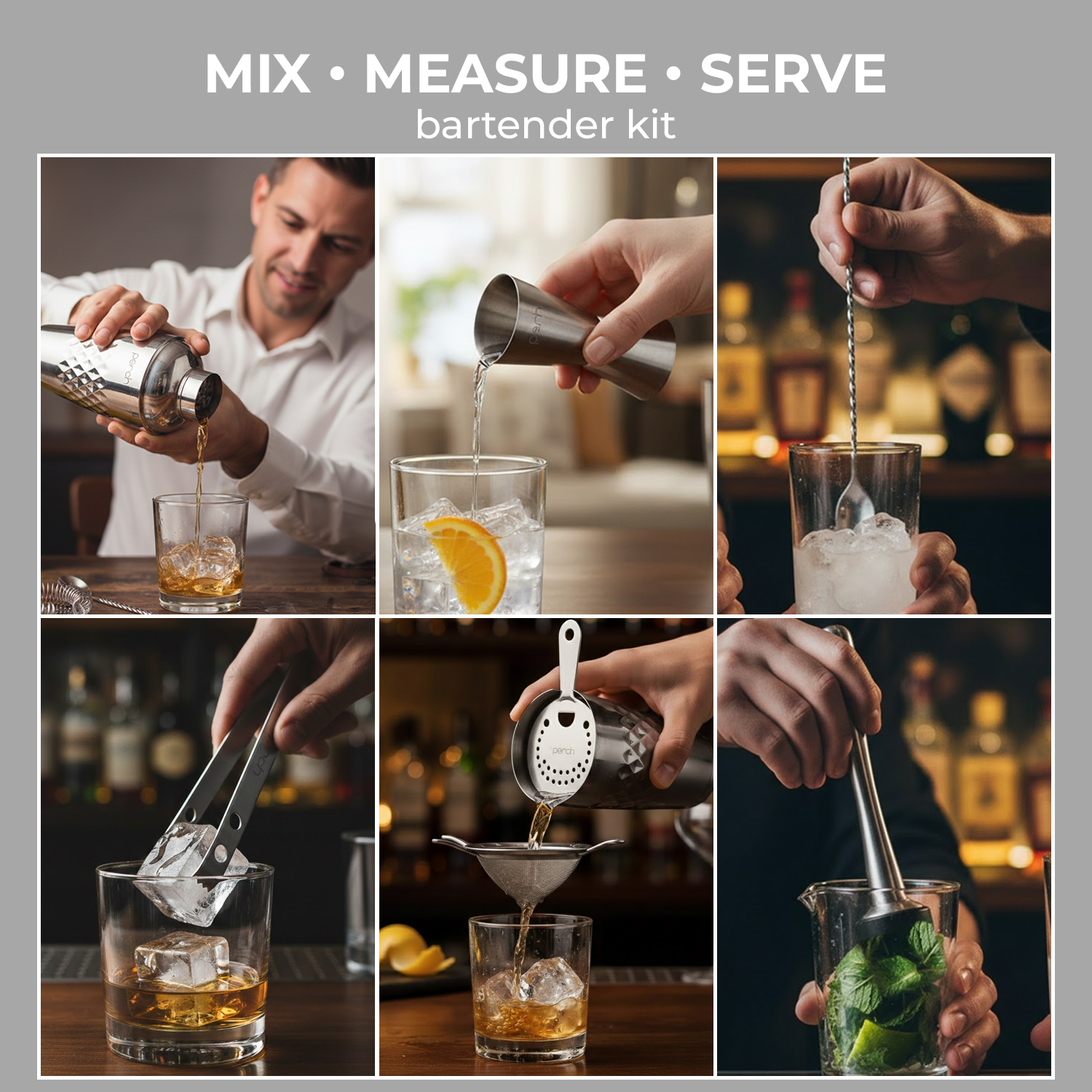 Elite 6-Piece Stainless Steel Bartender Kit | Belly Cocktail Shaker Set with Bar Tools -Silver
