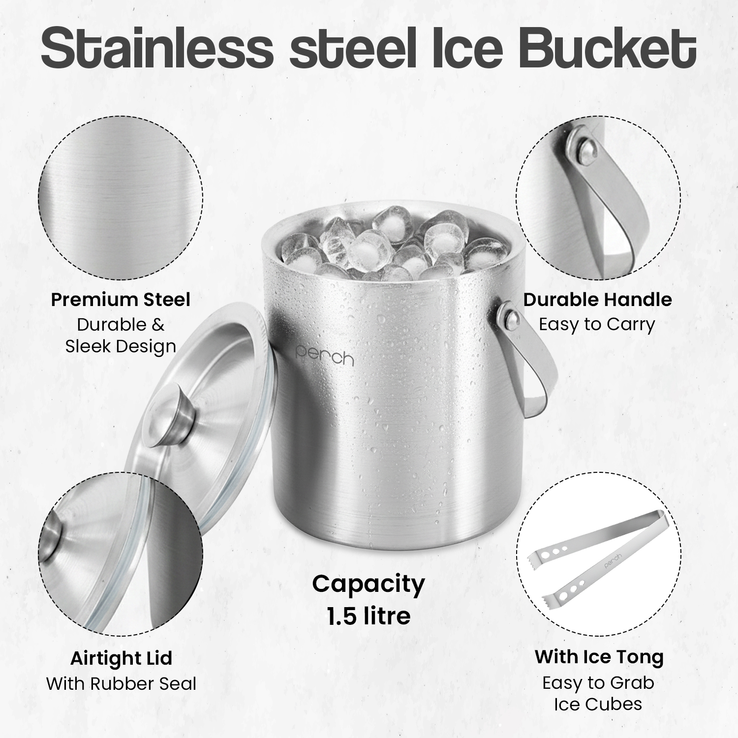 Silver Stainless Steel Ice Bucket Set with Lid, Handle & Ice Tong – 1.5L
