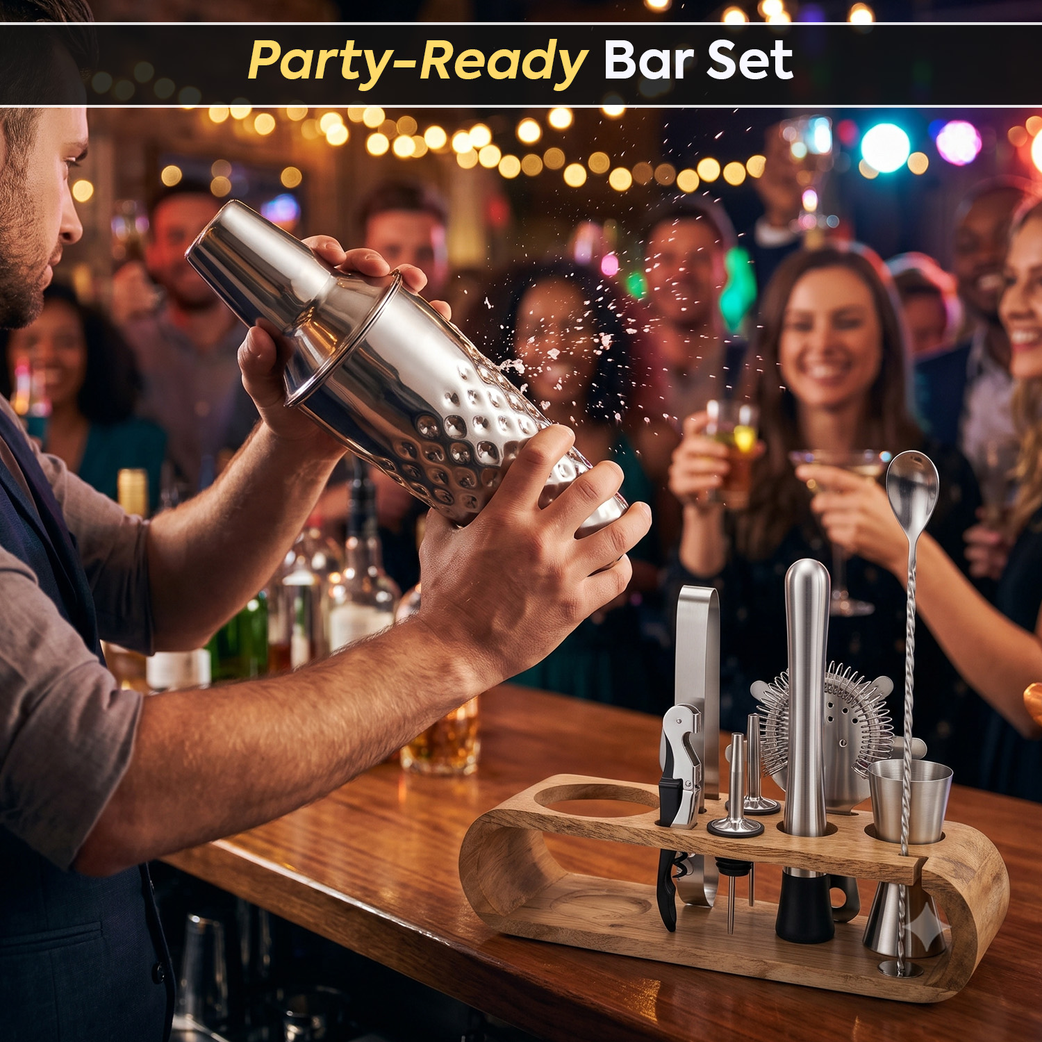 O' Holic 10-Piece Bartender Kit with Mango Wooden Stand | Diamond Cocktail Shaker Gift Set | Silver