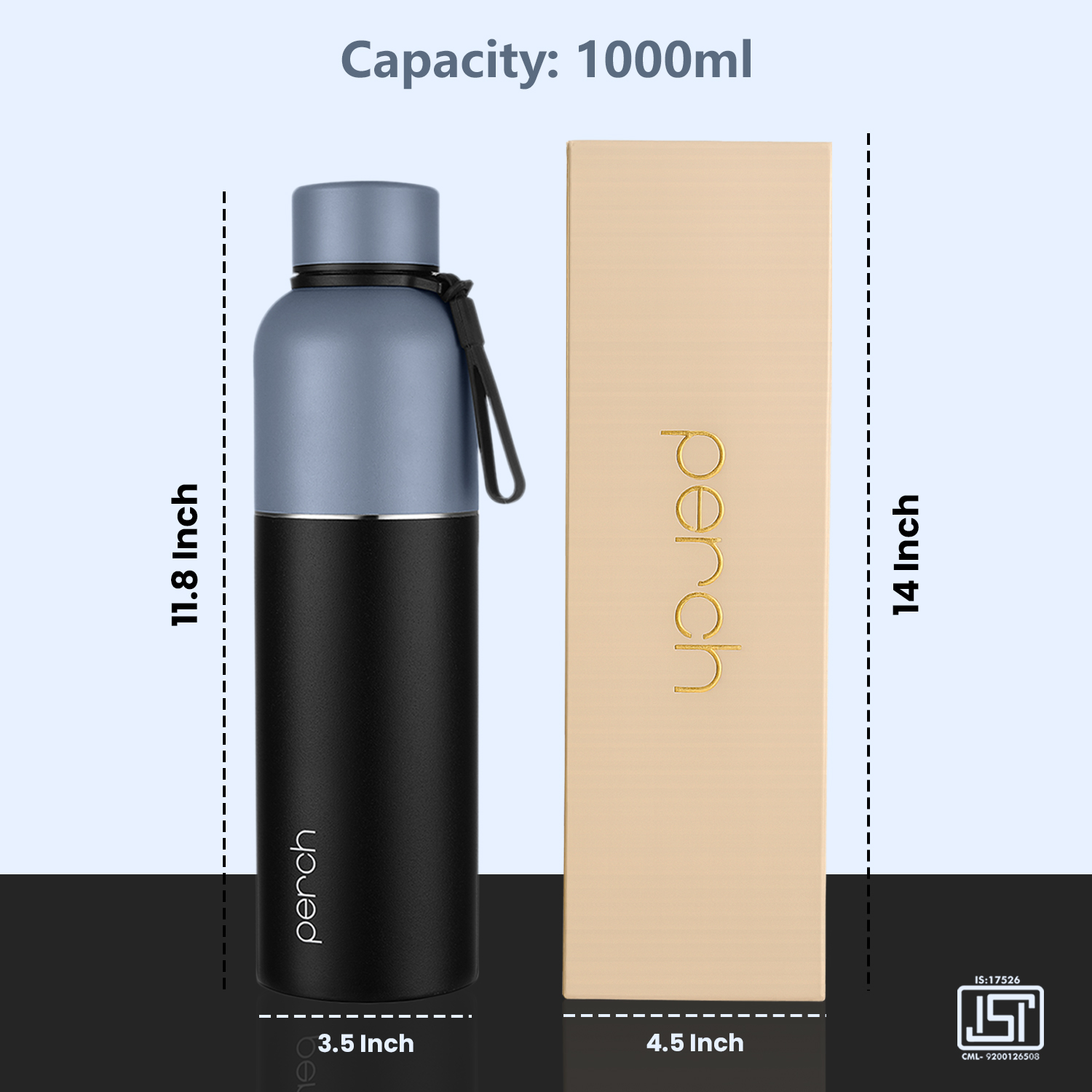 Zenith Insulated 1Ltr Water Bottle with Gift Box, Knight Black