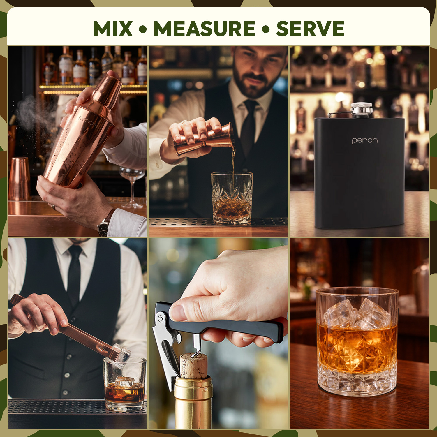9-Piece Army Print Leatherette Suitcase Bar Set with Cocktail Shaker & 3 Whisky Glasses – Rose Gold