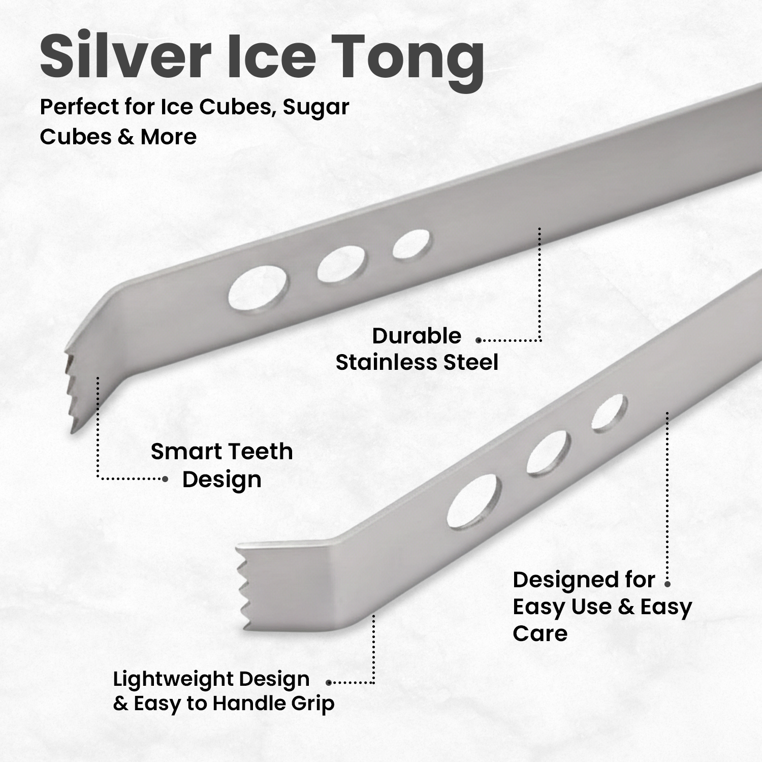 Ice Tong for Ice Cubes, Cocktail & Bar Use – Stainless Steel Ice Serving Tongs – Silver