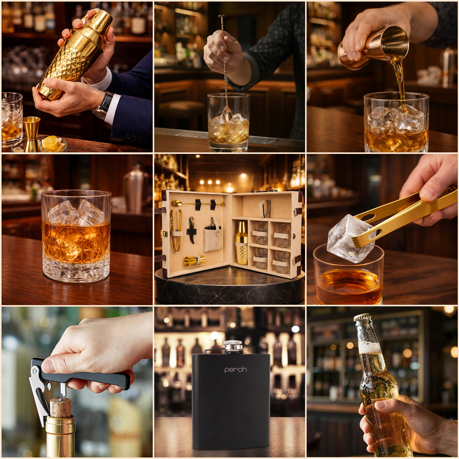 11-Piece Brown Leatherette Suitcase Bar Set with Diamond Cocktail Shaker & 4 Whisky Glasses – Golden