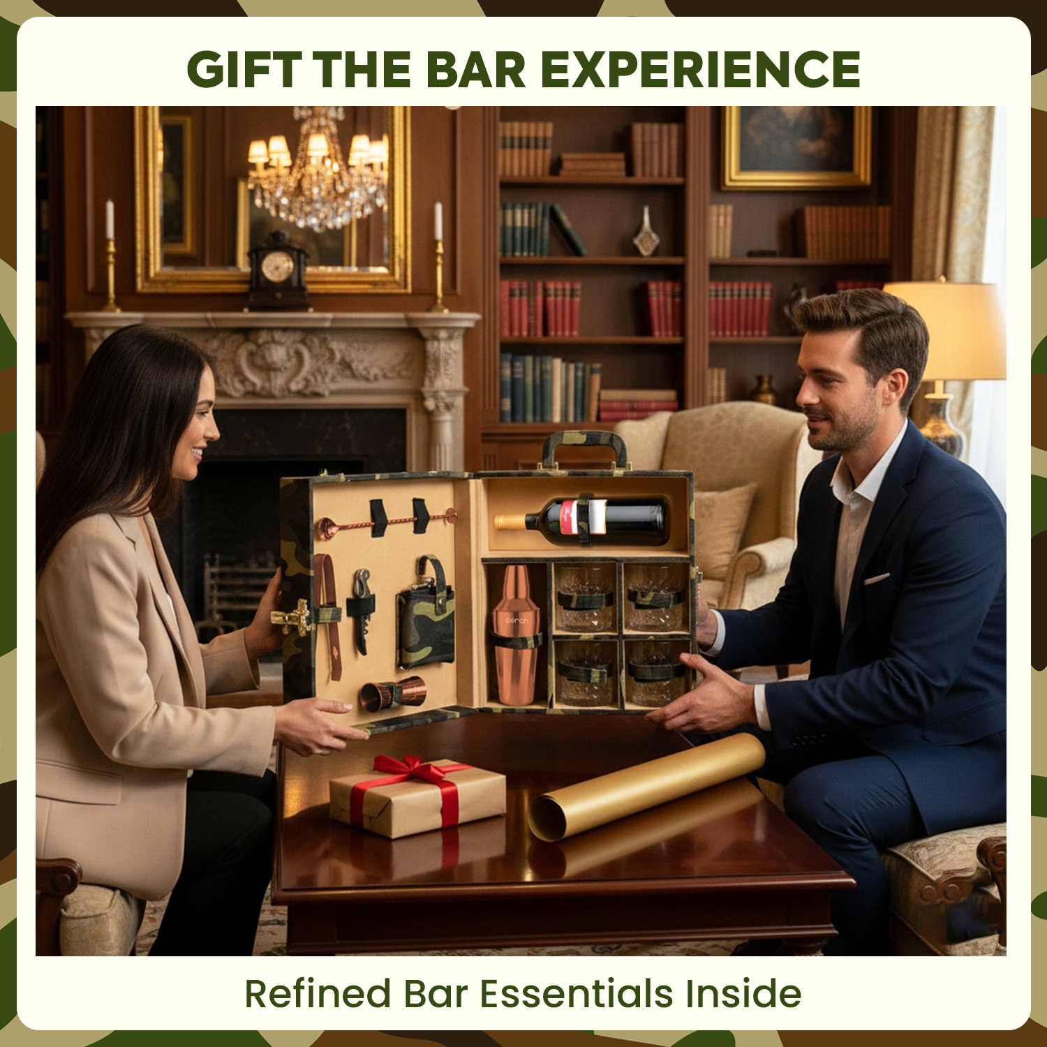 11-Piece Army Print Leatherette Suitcase Bar Set with Twist Cocktail Shaker & 4 Whisky Glasses – Rose Gold