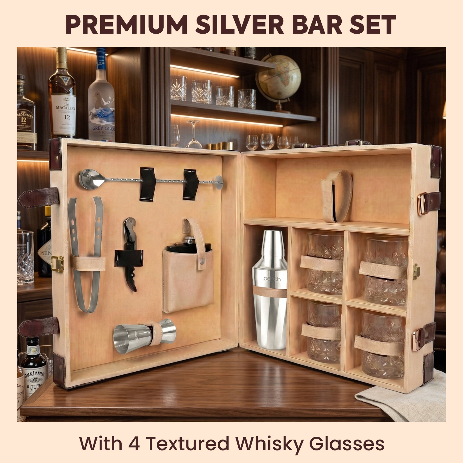 11-Piece Brown Leatherette Suitcase Bar Set with Twist Cocktail Shaker & 4 Whisky Glasses – Silver