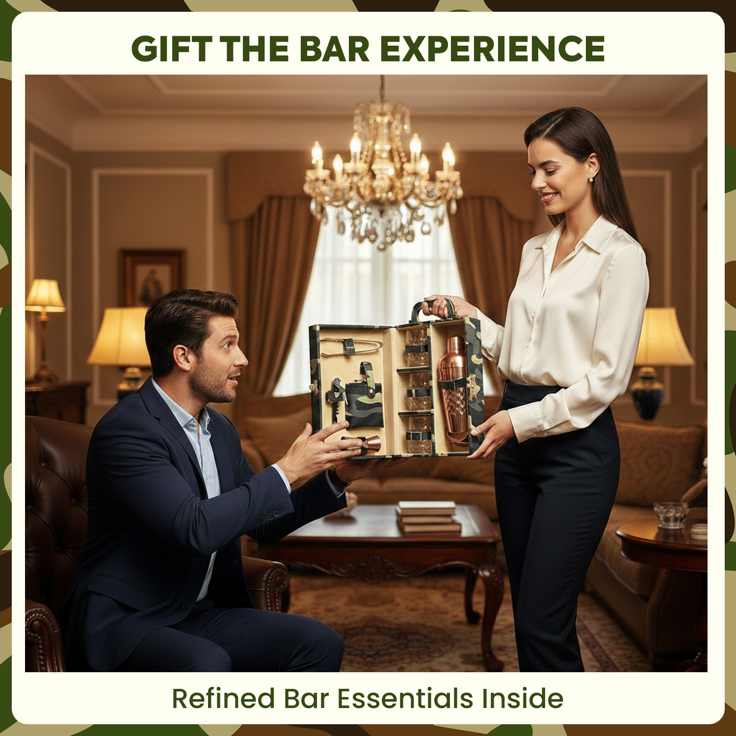 9-Piece Army Print Leatherette Suitcase Bar Set with Cocktail Shaker & 3 Whisky Glasses – Rose Gold