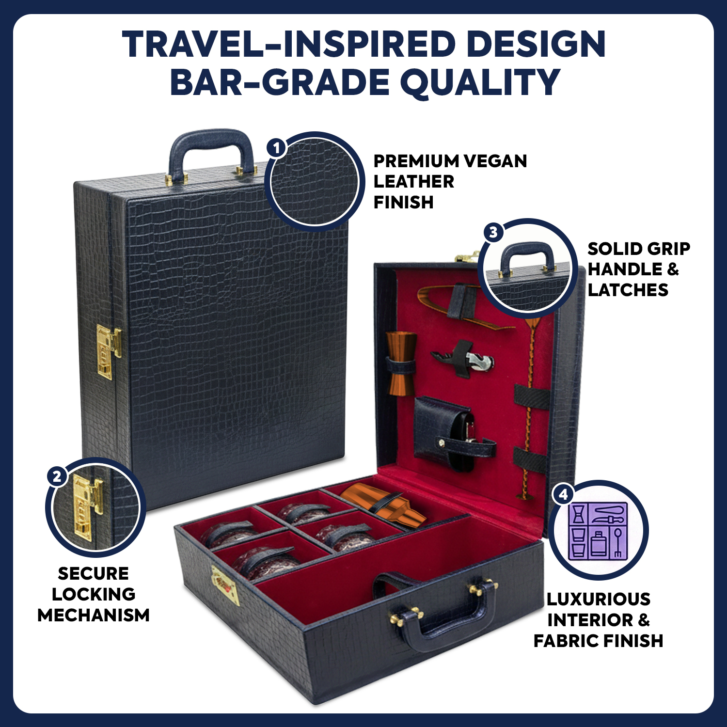 11-Piece Crocodile Print Leatherette Suitcase Bar Set with Twist Cocktail Shaker & 4 Whisky Glasses – Rose Gold