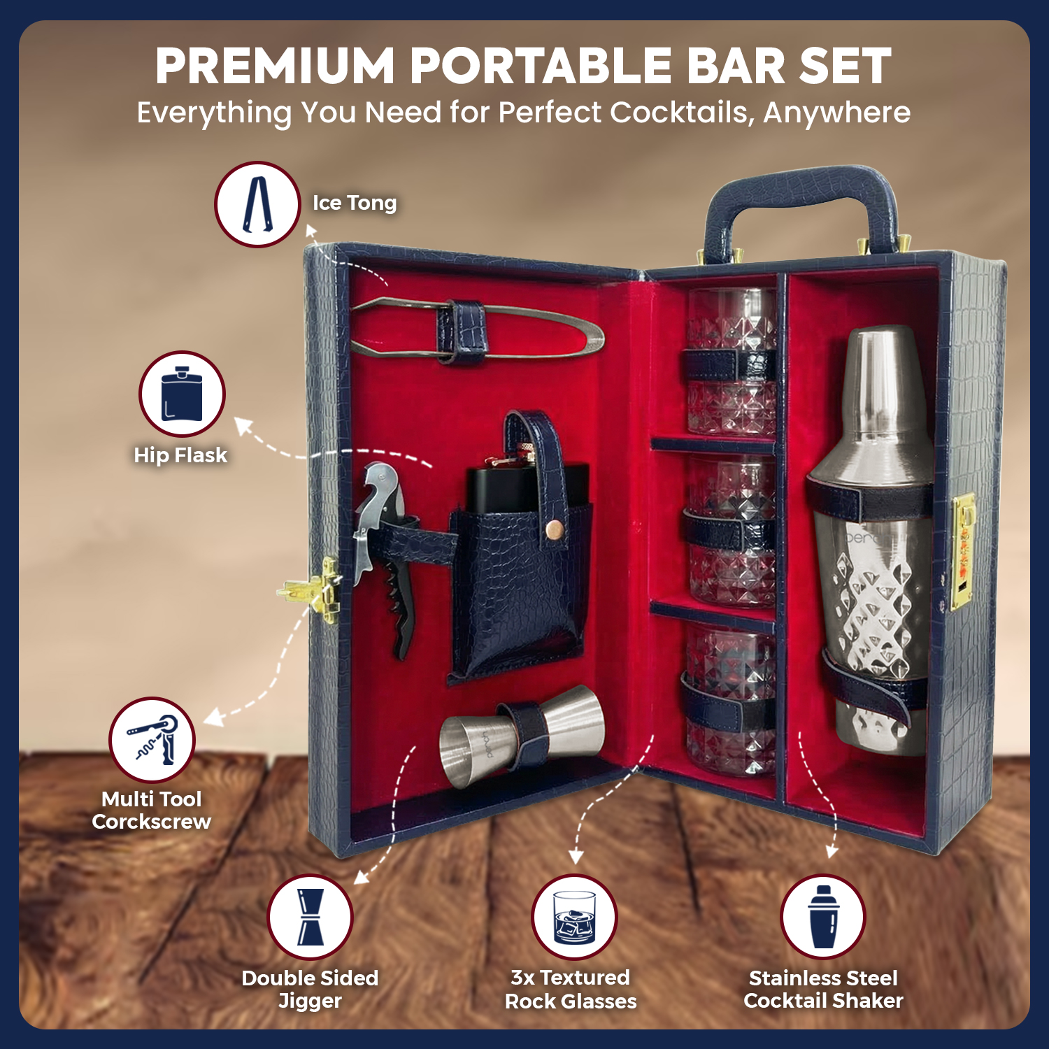 9-Piece Crocodile Print Leatherette Suitcase Bar Set with Cocktail Shaker & 3 Whisky Glasses – Silver