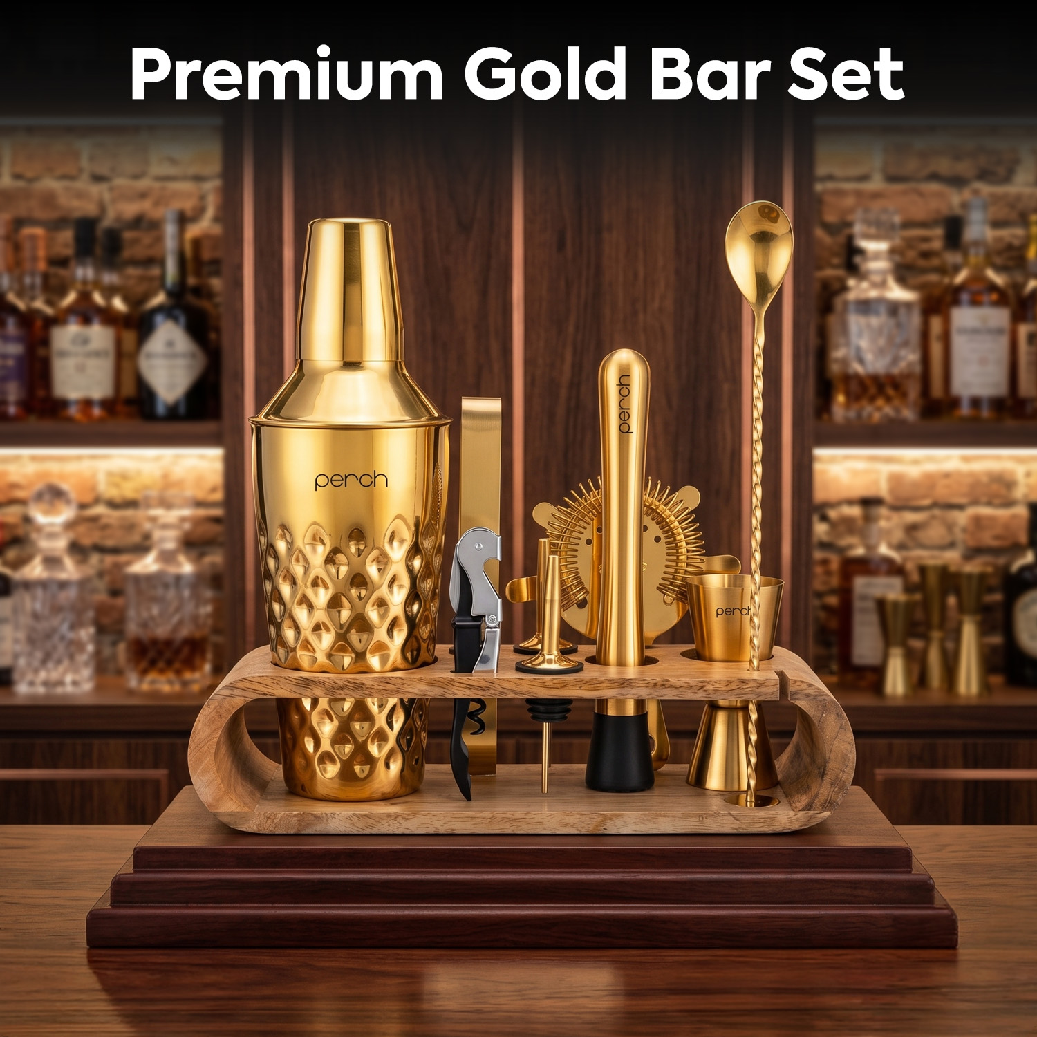 O' Holic 10-Piece Bartender Kit with Mango Wooden Stand | Diamond Cocktail Shaker Gift Set | Golden