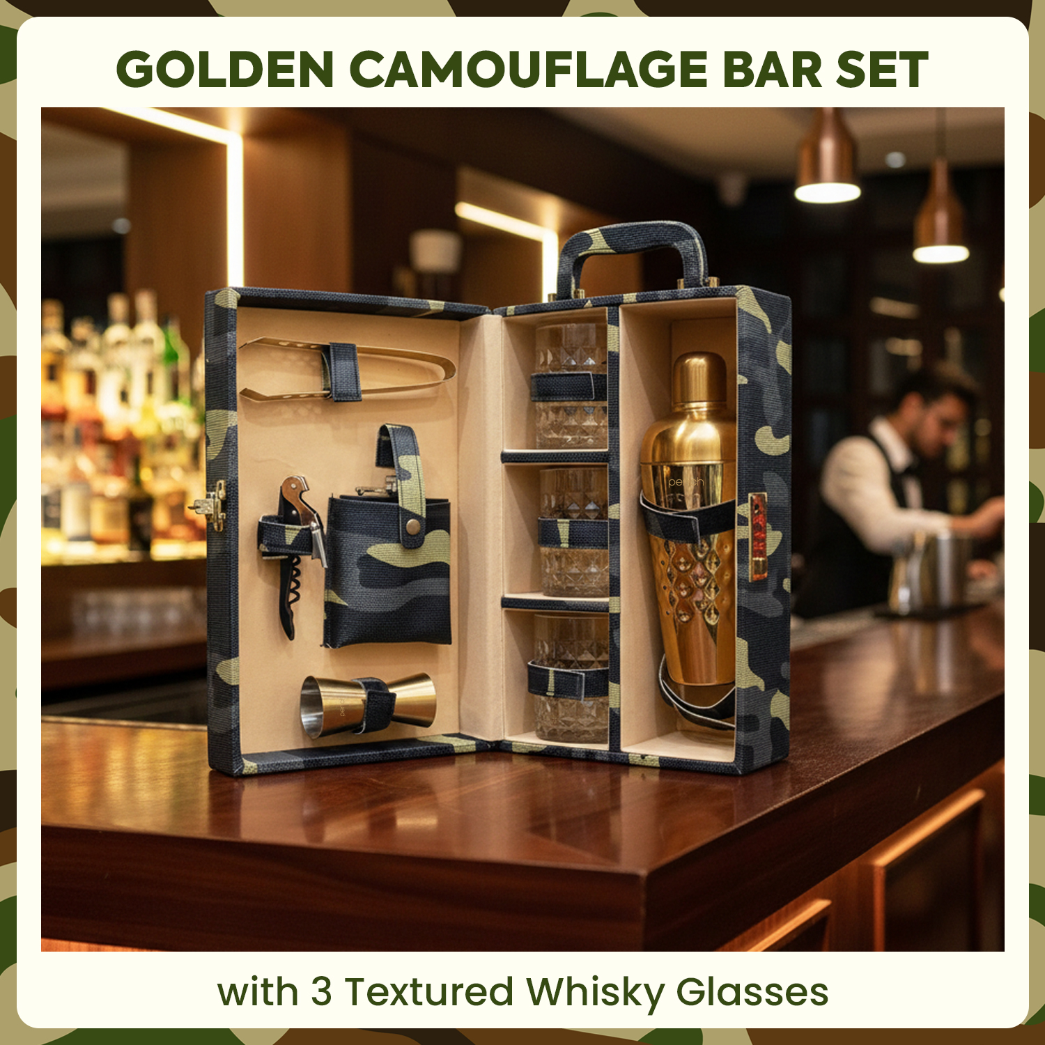 9-Piece Army Print Leatherette Suitcase Bar Set with Cocktail Shaker & 3 Whisky Glasses – Golden