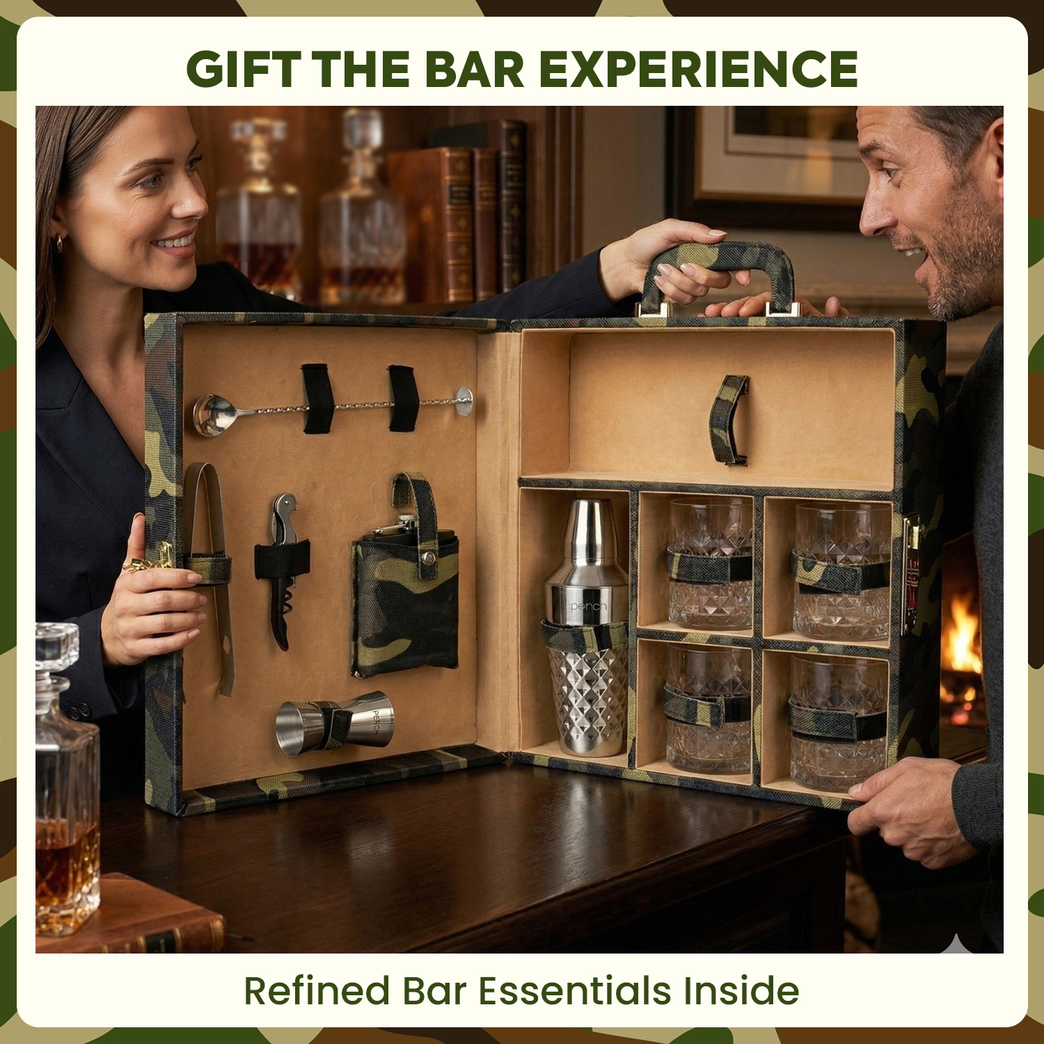 11-Piece Army Print Leatherette Suitcase Bar Set with Diamond Cocktail Shaker & 4 Whisky Glasses – Silver