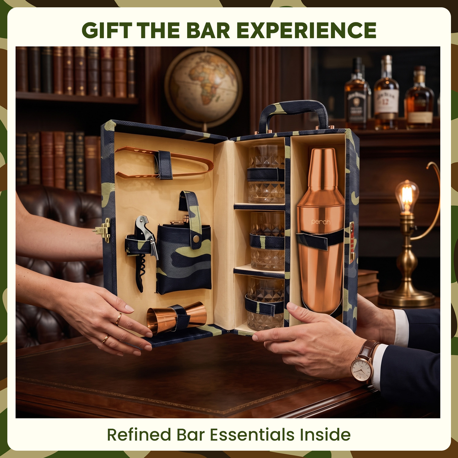 9-Piece Army Print Leatherette Suitcase Bar Set with Cocktail Shaker & 3 Whisky Glasses – Rose Gold