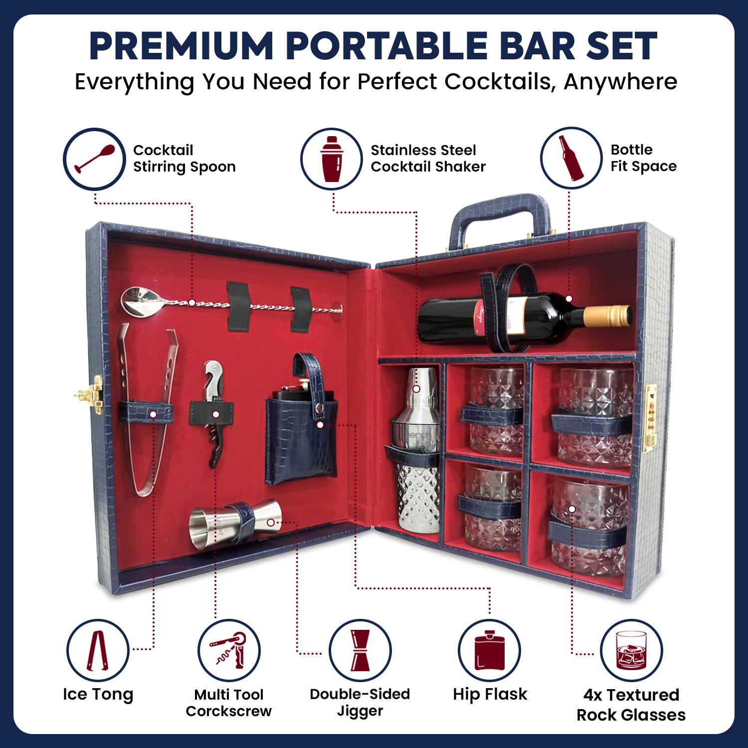 11-Piece Crocodile Print Leatherette Suitcase Bar Set with Diamond Cocktail Shaker & 4 Whisky Glasses – Silver