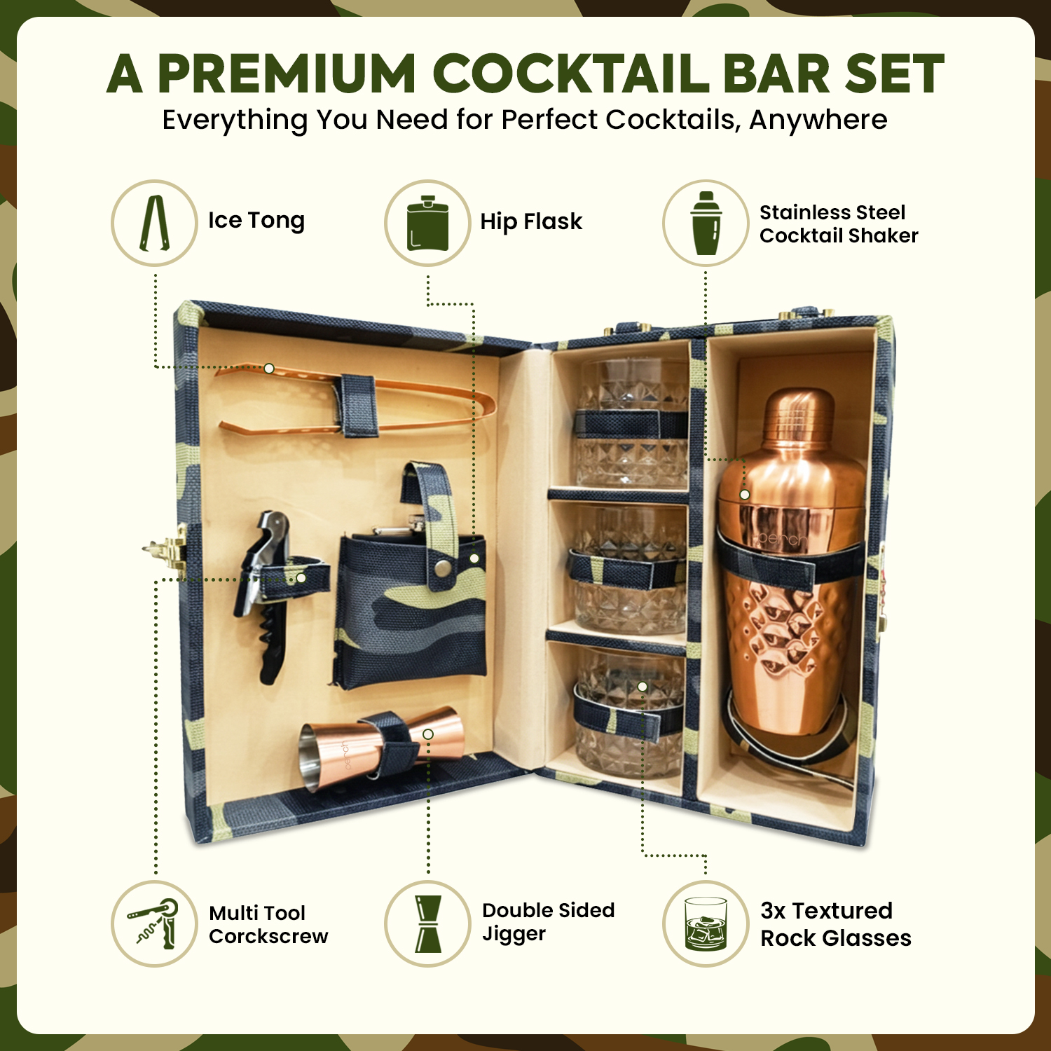 9-Piece Army Print Leatherette Suitcase Bar Set with Cocktail Shaker & 3 Whisky Glasses – Rose Gold