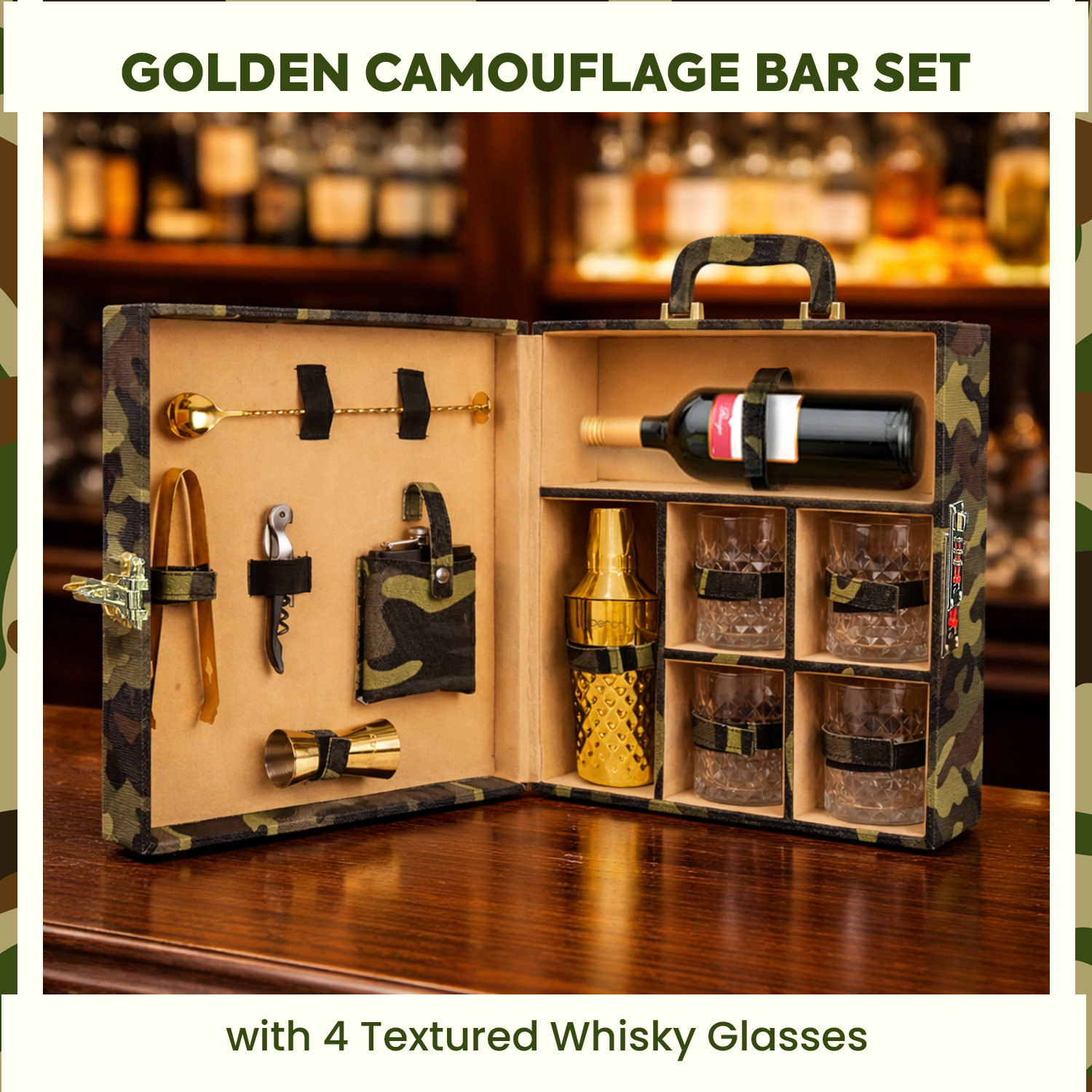 11-Piece Army Print Leatherette Suitcase Bar Set with Diamond Cocktail Shaker & 4 Whisky Glasses – Golden