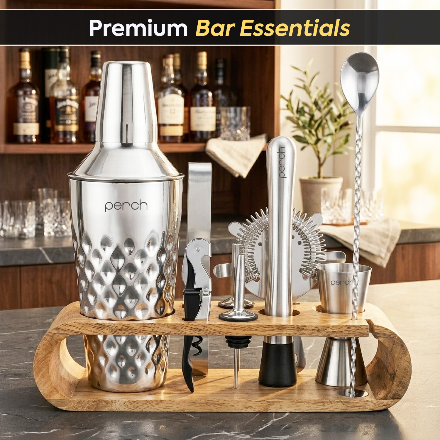 O' Holic 10-Piece Bartender Kit with Mango Wooden Stand | Diamond Cocktail Shaker Gift Set | Silver