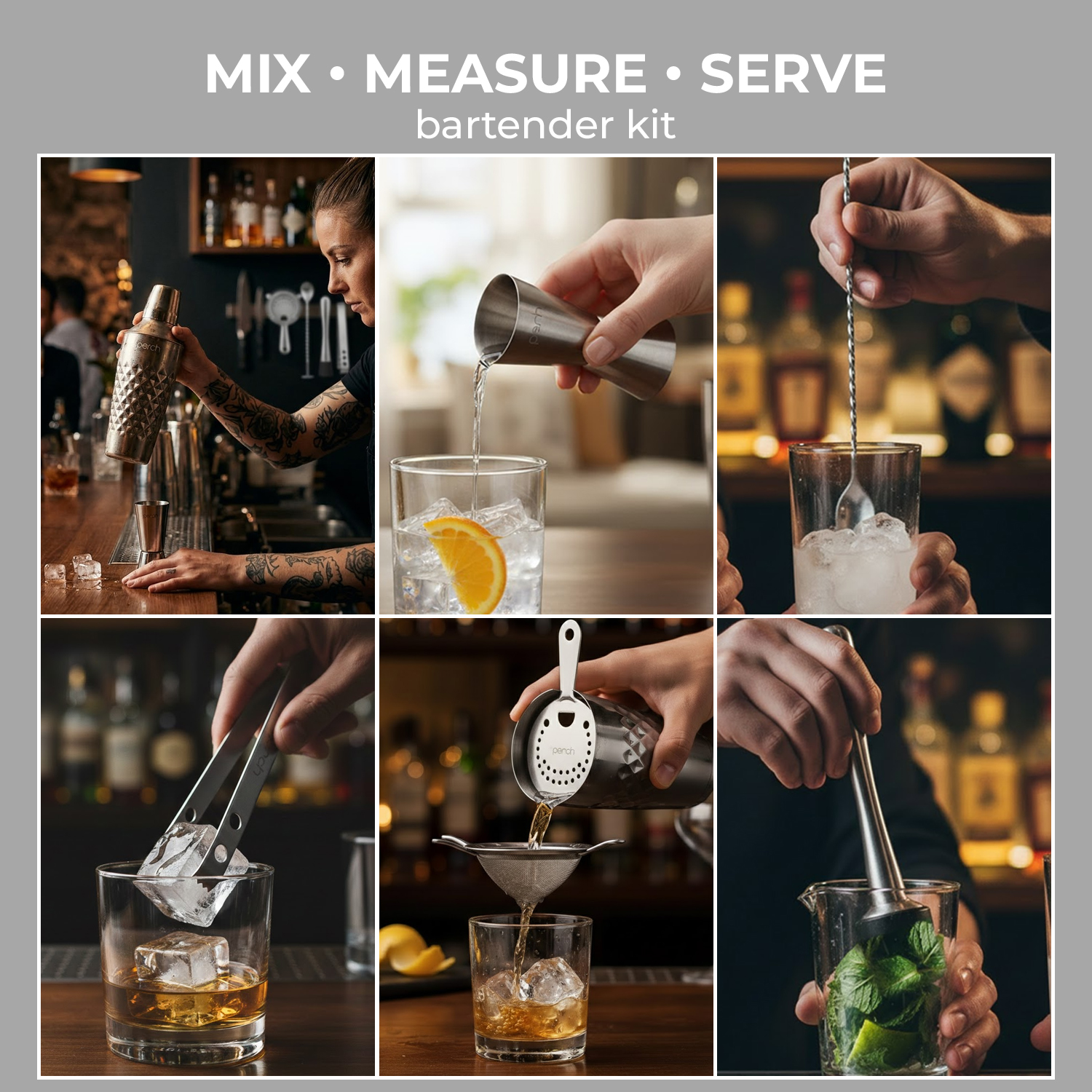 Elite 6-Piece Stainless Steel Bartender Kit |  Diamond Cocktail Shaker Set with Bar Tools -Silver