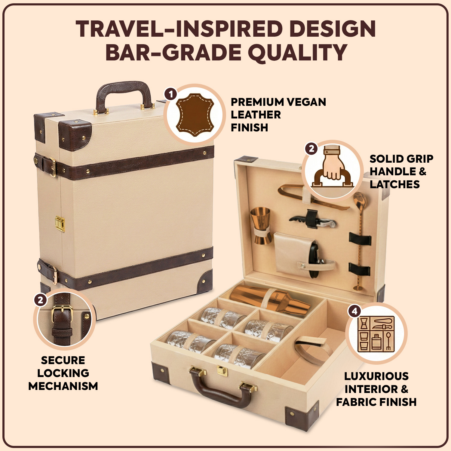 11-Piece Brown Leatherette Suitcase Bar Set with Cocktail Shaker & 4 Whisky Glasses – Rose Gold