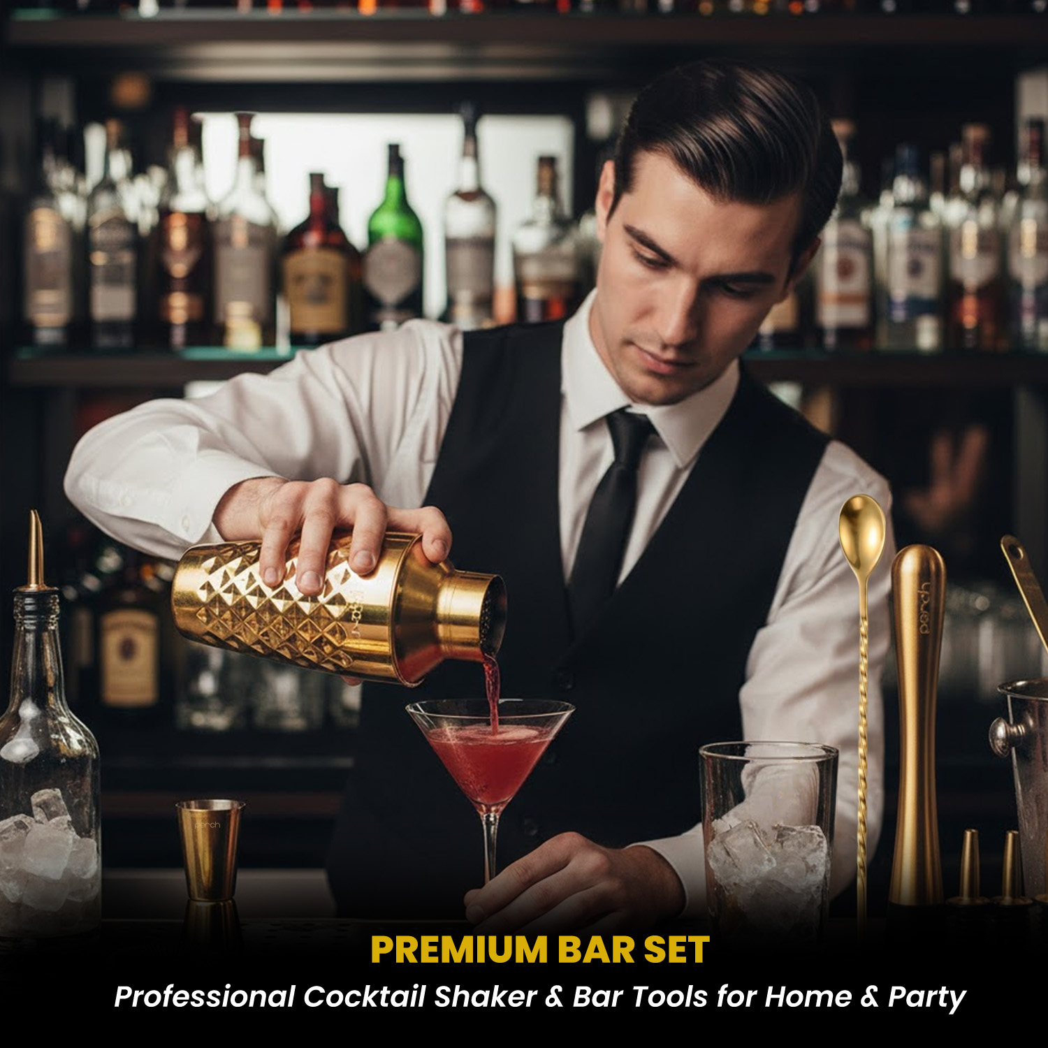Craft 8-Piece Stainless Steel Diamond Cocktail Shaker Set with Bar Tools – Golden