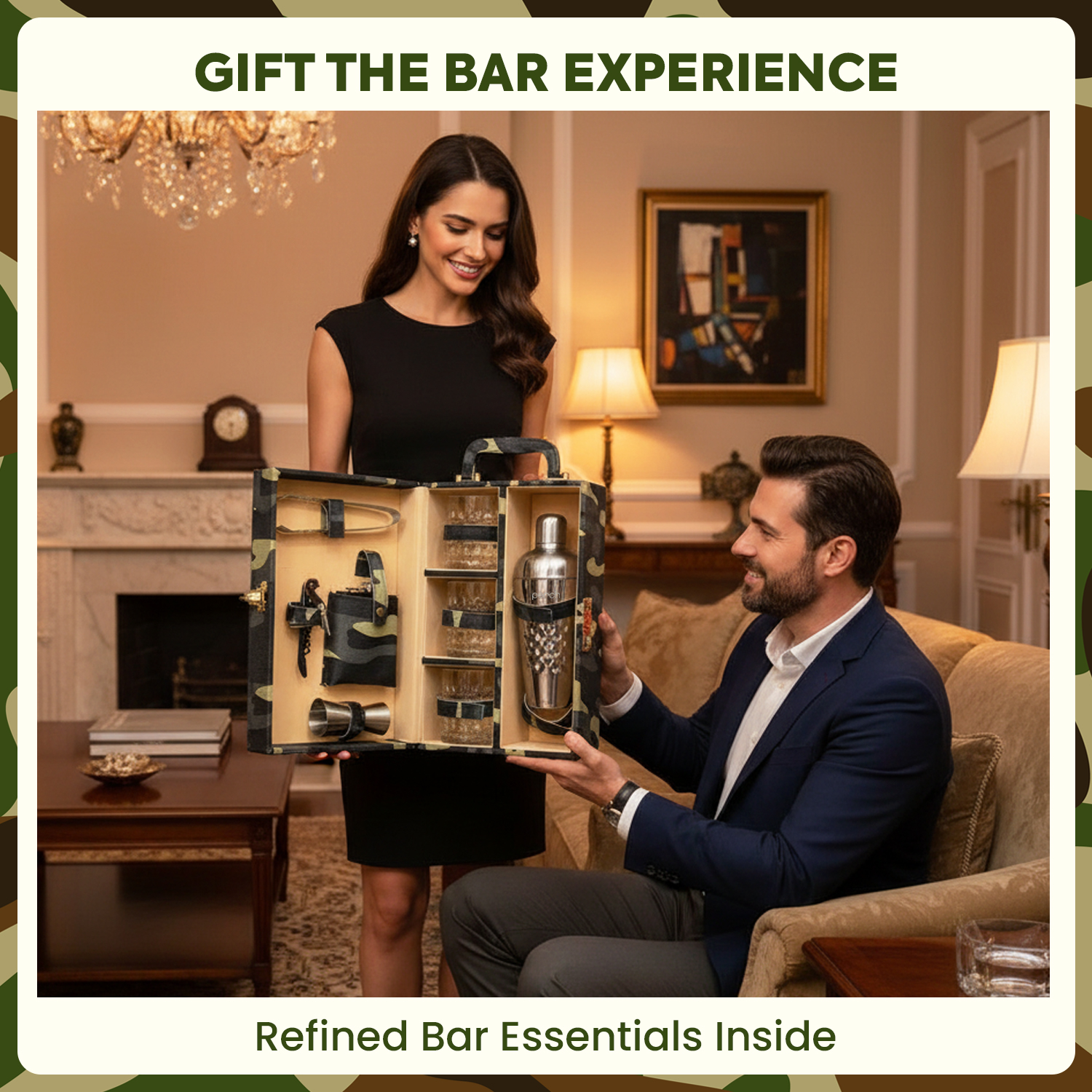 9-Piece Army Print Leatherette Suitcase Bar Set with Cocktail Shaker & 3 Whisky Glasses – Silver