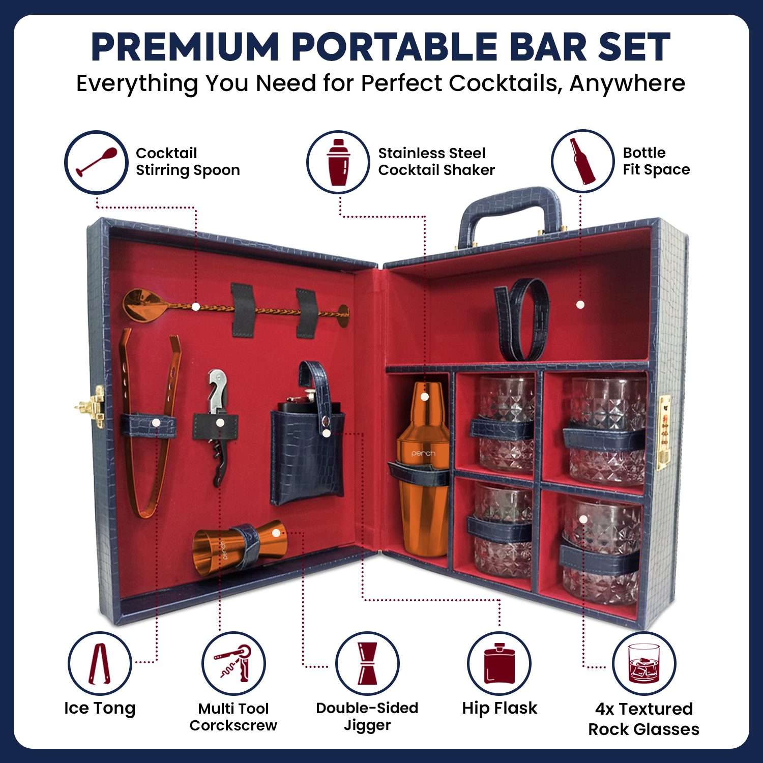 11-Piece Crocodile Print Leatherette Suitcase Bar Set with Twist Cocktail Shaker & 4 Whisky Glasses – Rose Gold