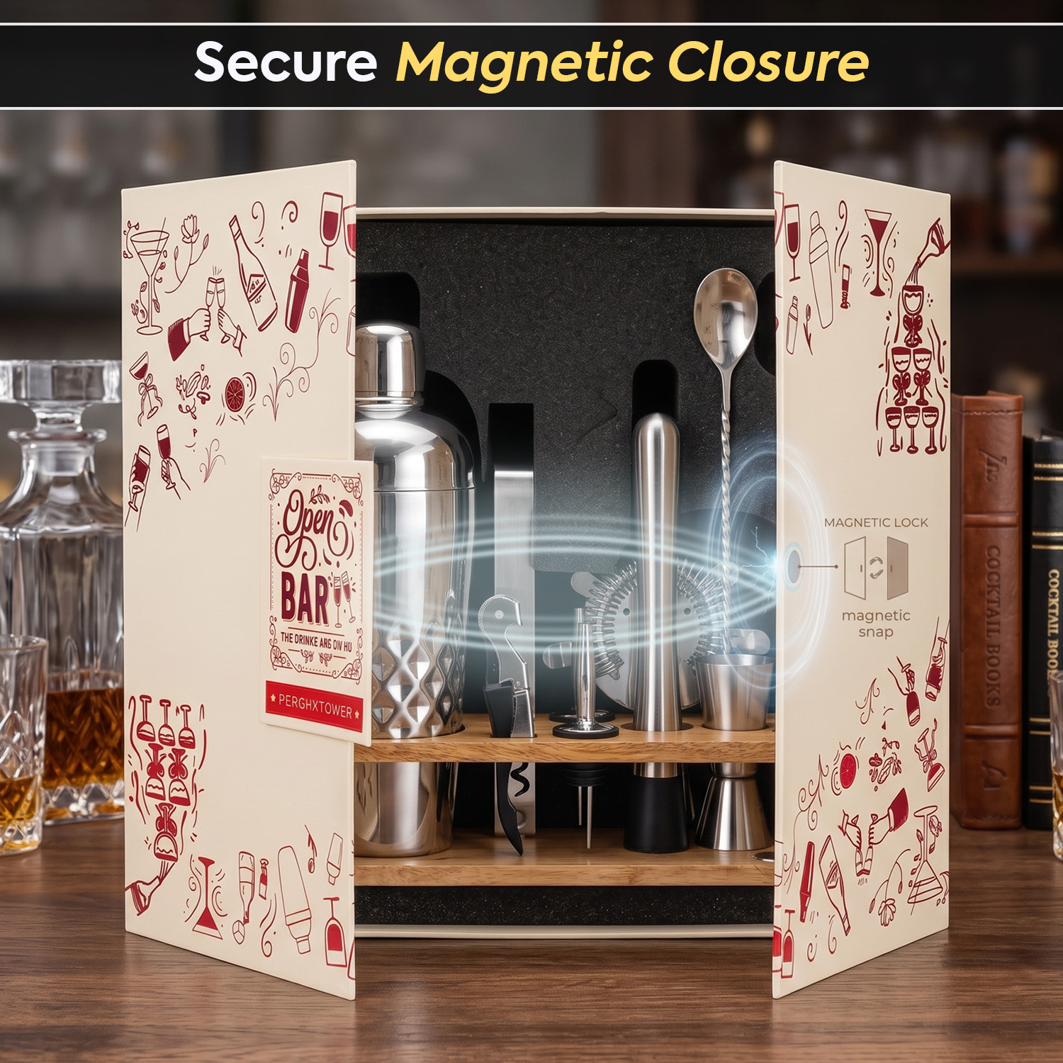 O' Holic 10-Piece Bartender Kit with Mango Wooden Stand | Belly Cocktail Shaker Gift Set | Silver