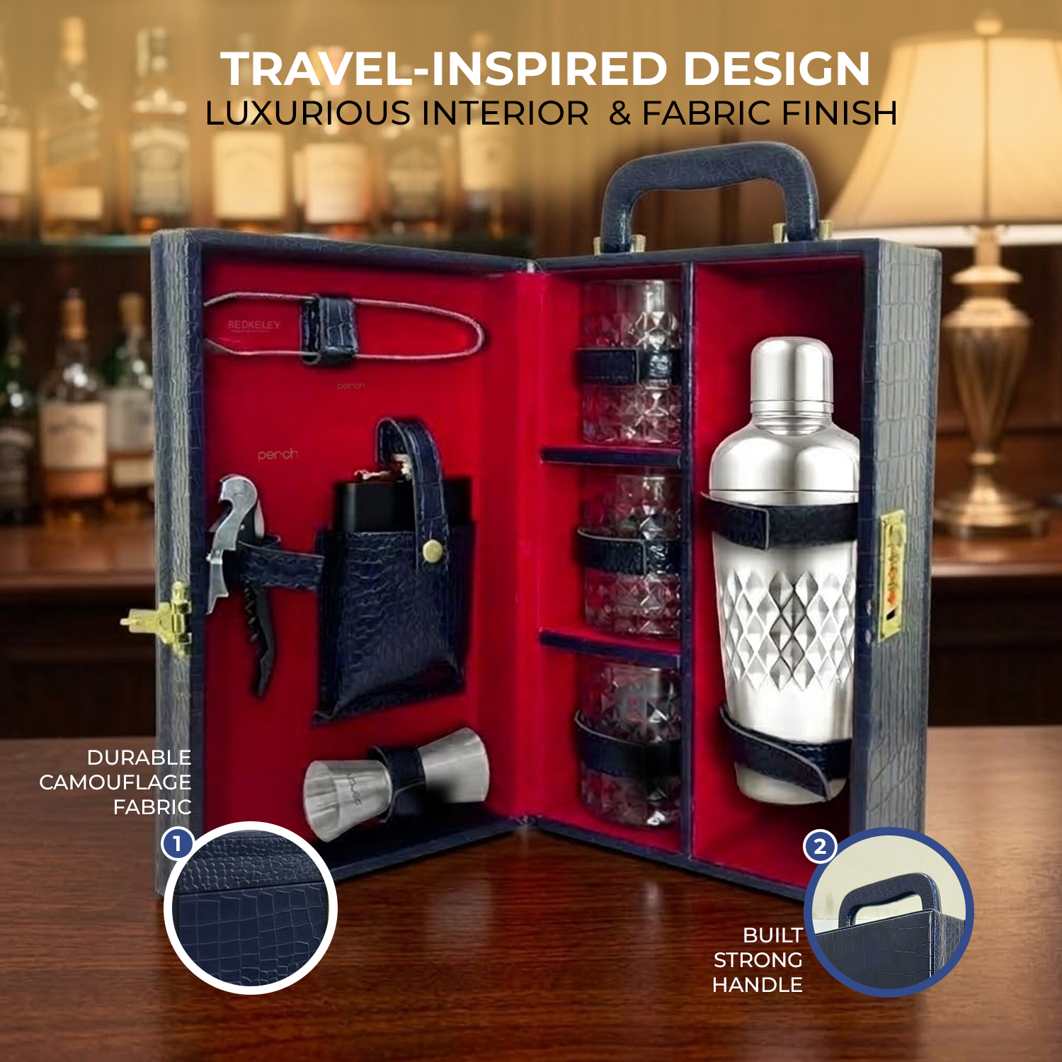9-Piece Crocodile Print Leatherette Suitcase Bar Set with Cocktail Shaker & 3 Whisky Glasses – Silver