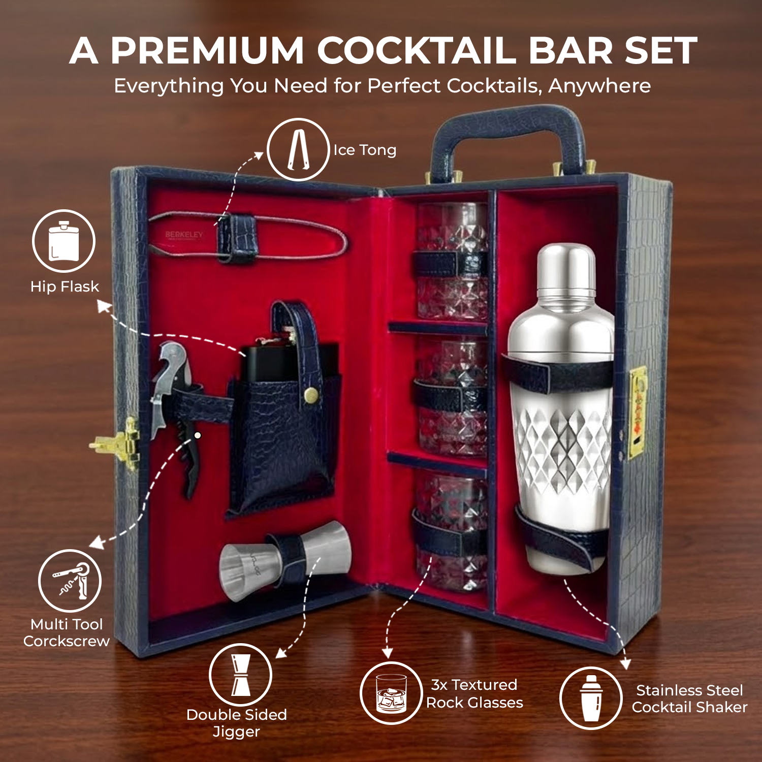 9-Piece Crocodile Print Leatherette Suitcase Bar Set with Cocktail Shaker & 3 Whisky Glasses – Silver