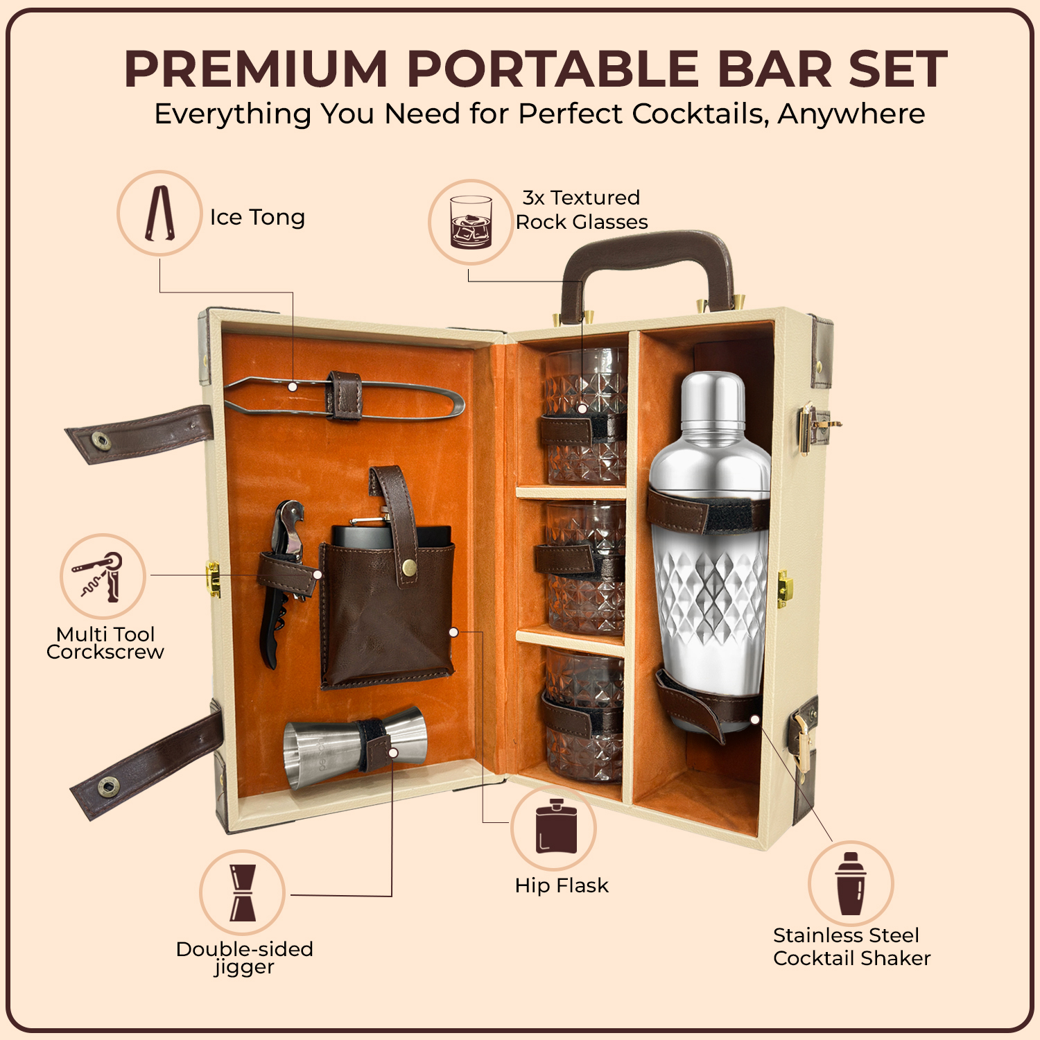 9-Piece Brown Leatherette Suitcase Bar Set with Cocktail Shaker & 3 Whisky Glasses – Silver