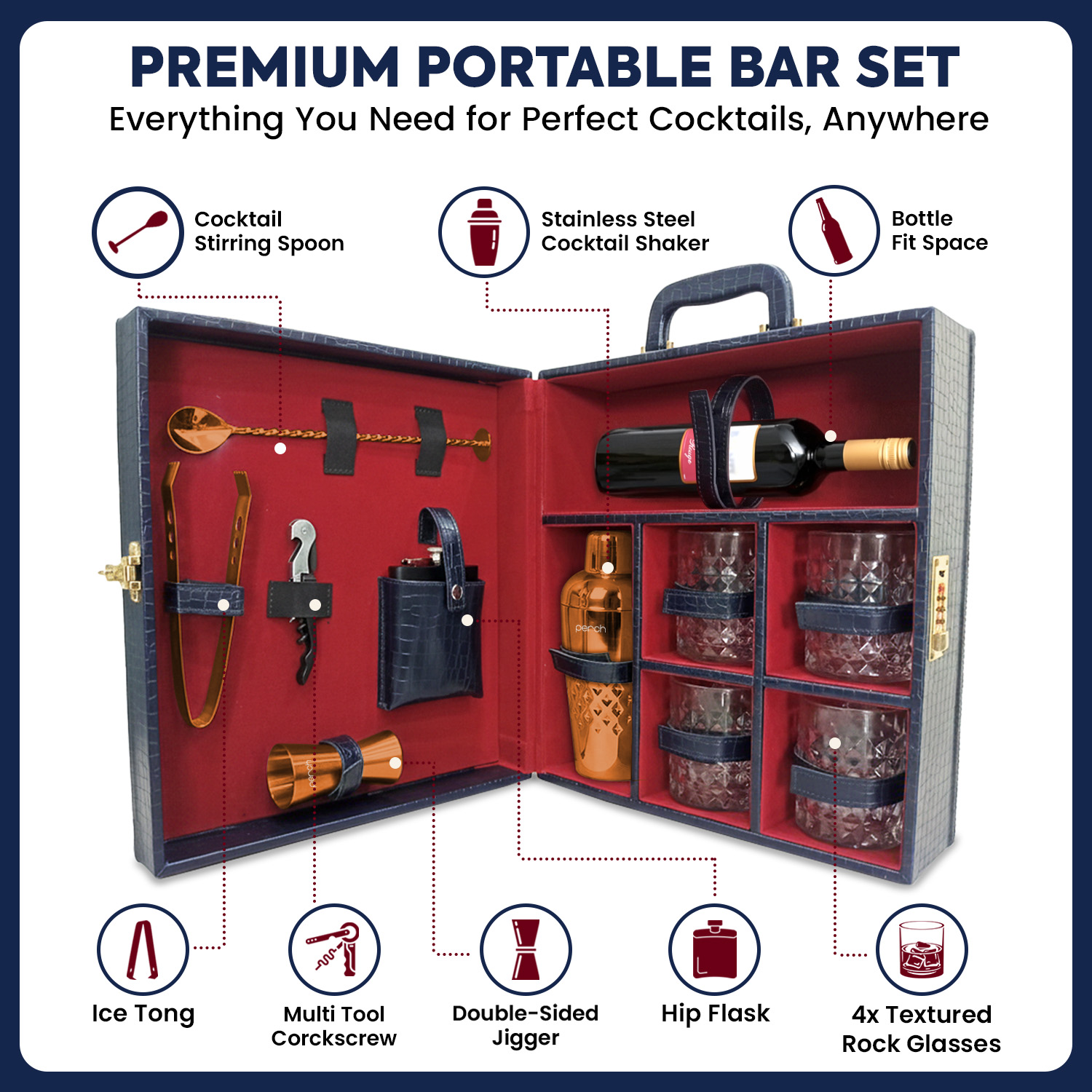 11-Piece Crocodile Print Leatherette Suitcase Bar Set with Belly Cocktail Shaker & 4 Whisky Glasses – Rose Gold
