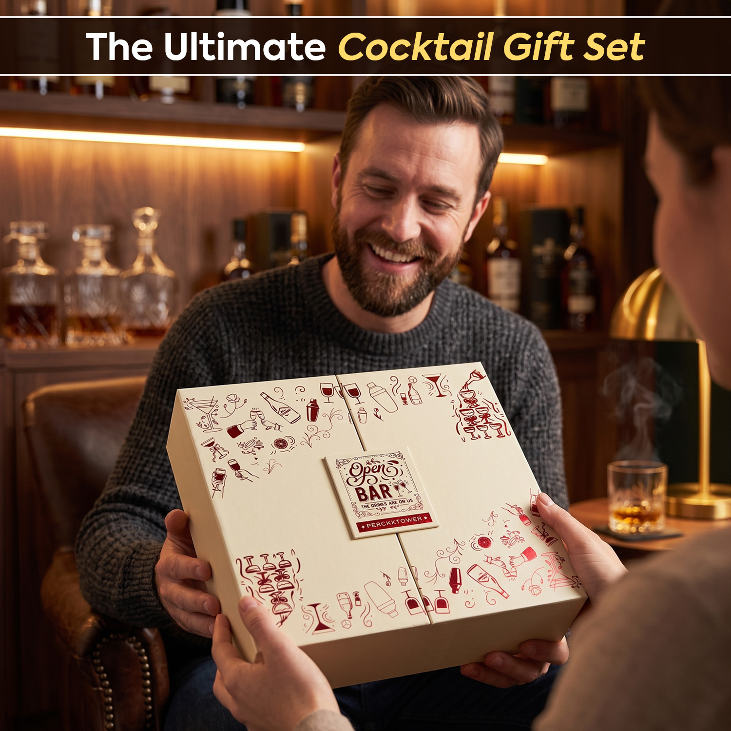 O' Holic 10-Piece Bartender Kit with Mango Wooden Stand | Belly Cocktail Shaker Gift Set | Golden