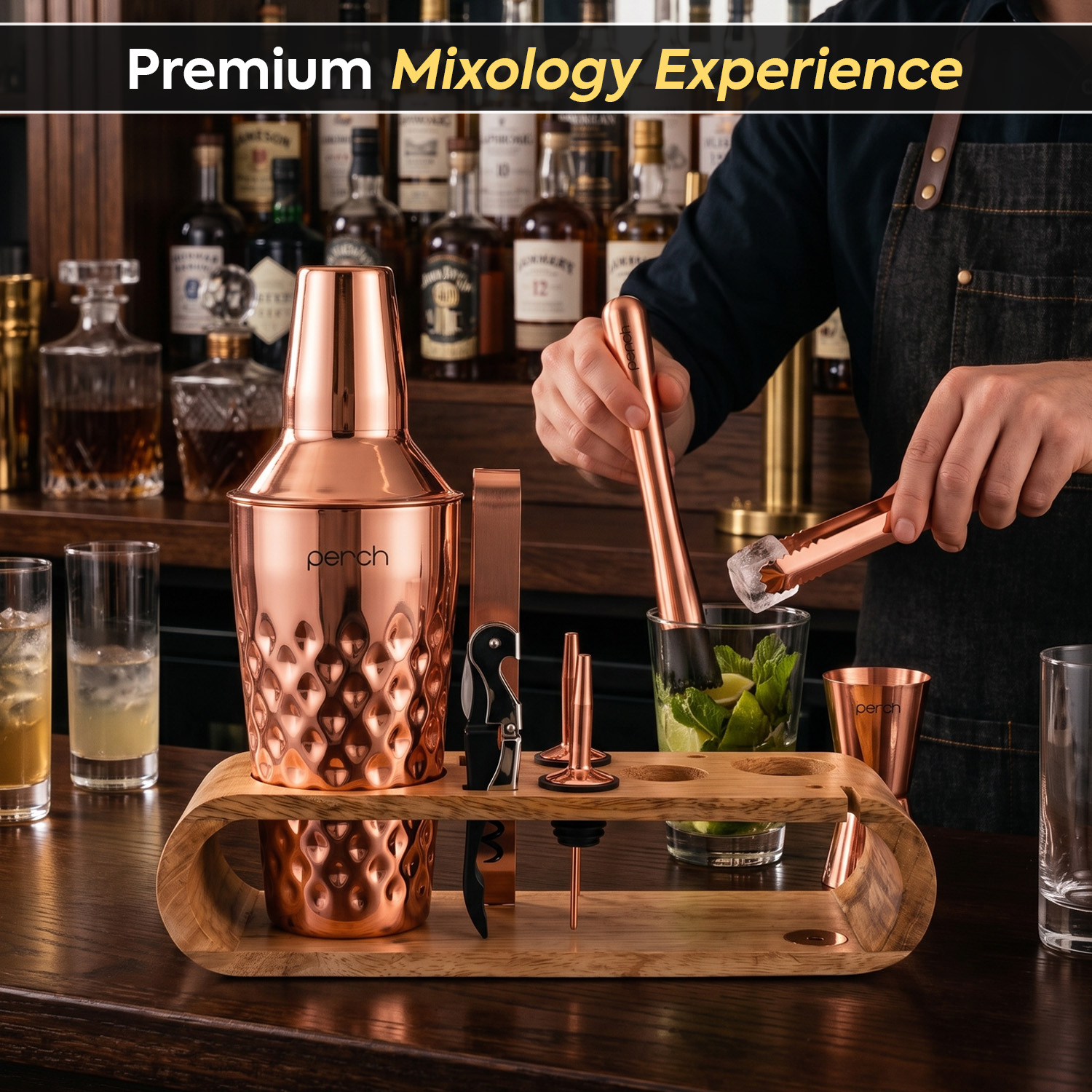 O' Holic 10-Piece Bartender Kit with Mango Wooden Stand | Diamond Cocktail Shaker | Rose Gold