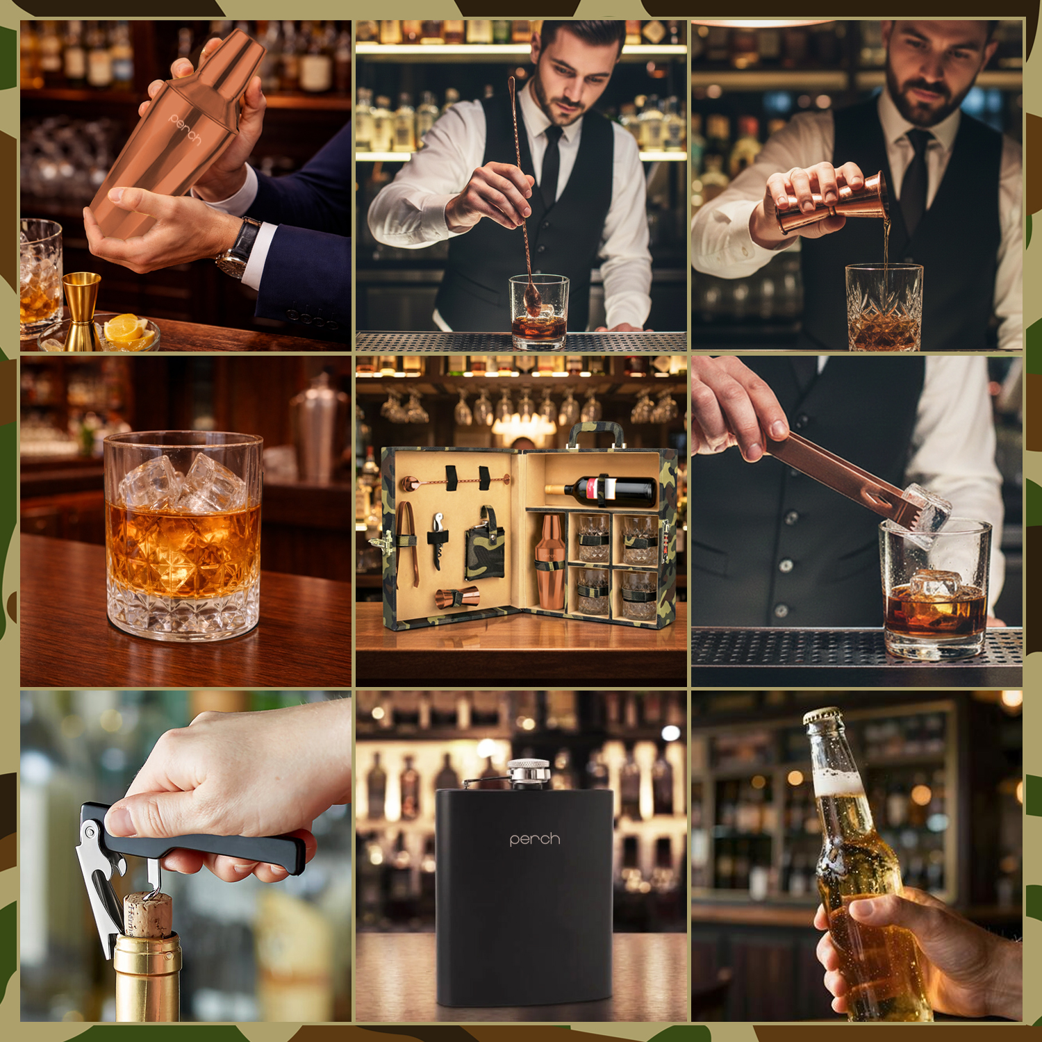 11-Piece Army Print Leatherette Suitcase Bar Set with Twist Cocktail Shaker & 4 Whisky Glasses – Rose Gold