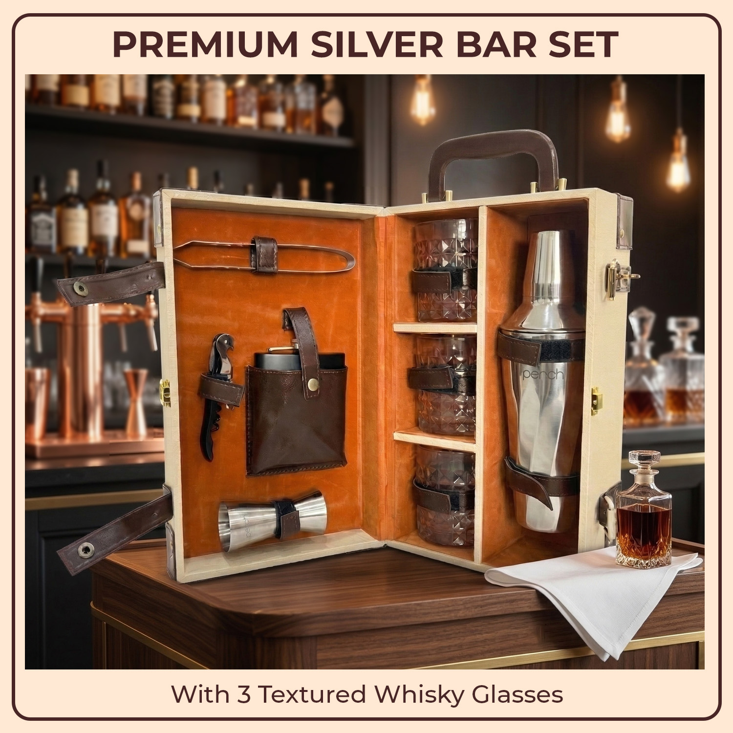 9-Piece Brown Leatherette Suitcase Bar Set with Cocktail Shaker & 3 Whisky Glasses – Silver
