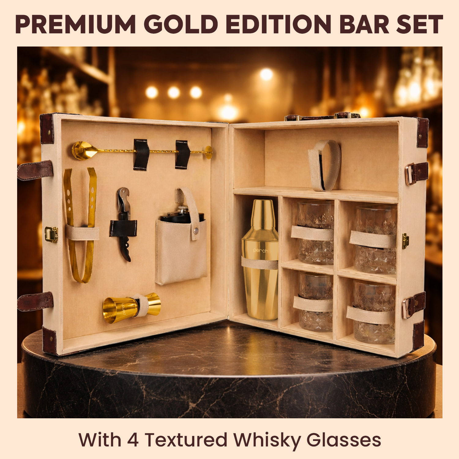 11-Piece Brown Leatherette Suitcase Bar Set with Twist Cocktail Shaker & 4 Whisky Glasses – Golden