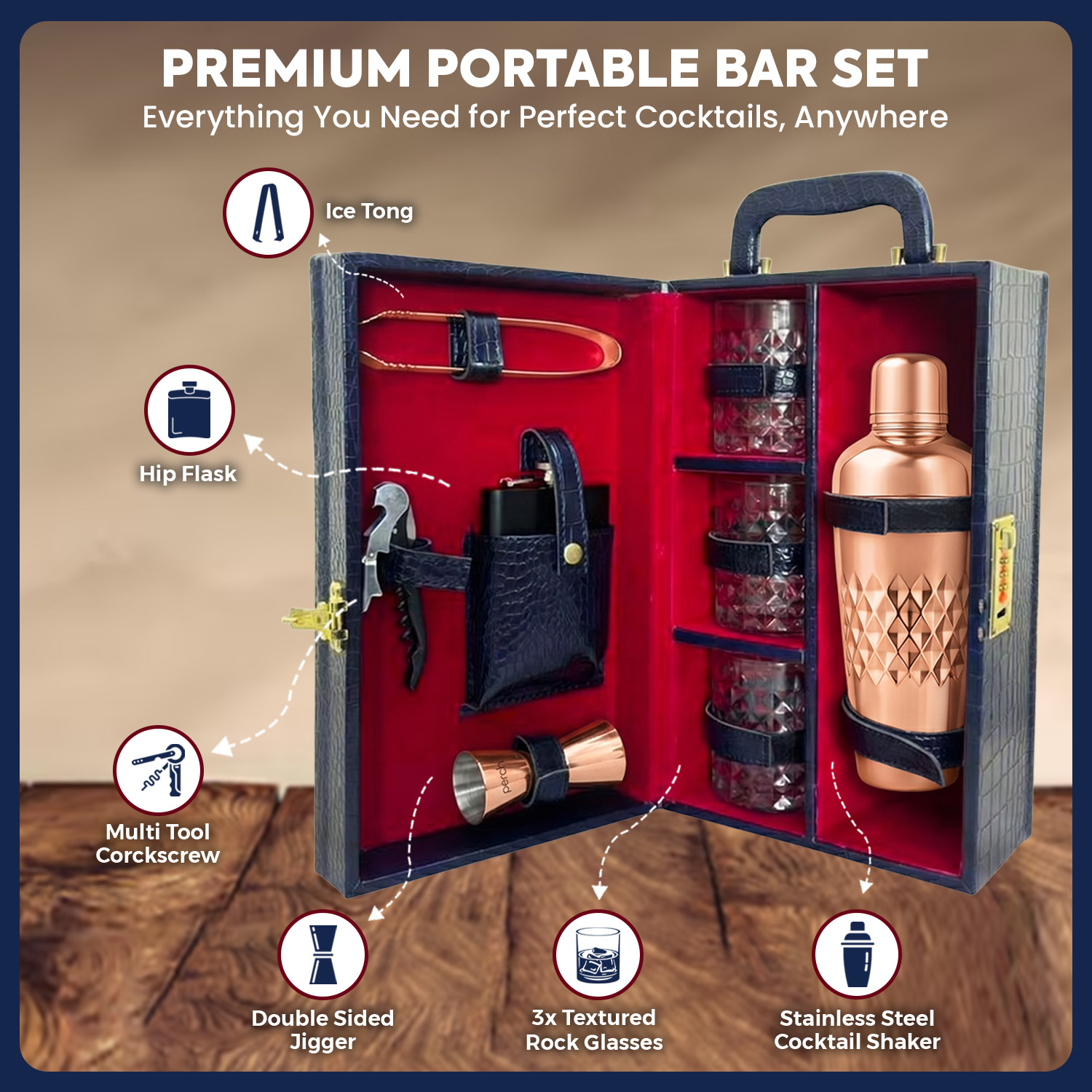9-Piece Crocodile Print Leatherette Suitcase Bar Set with Cocktail Shaker & 3 Whisky Glasses – Rose Gold