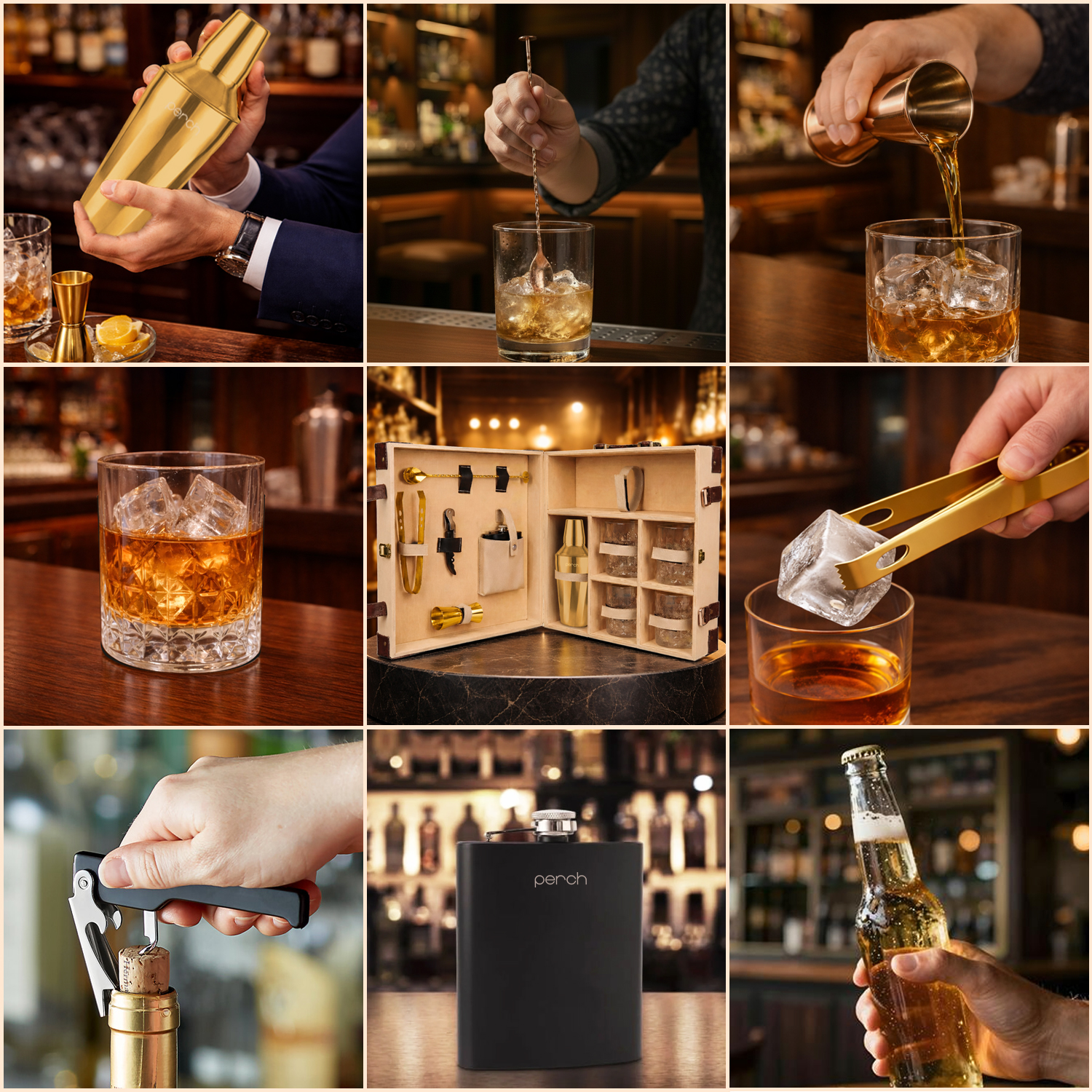 11-Piece Brown Leatherette Suitcase Bar Set with Twist Cocktail Shaker & 4 Whisky Glasses – Golden