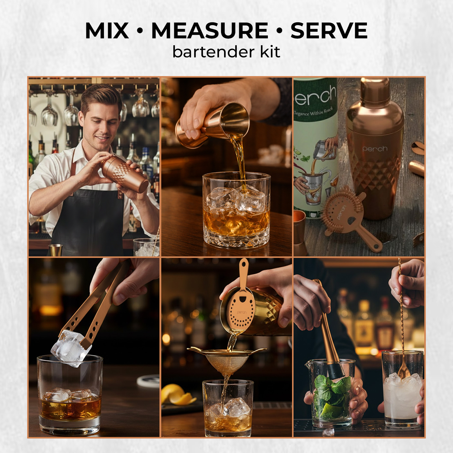 Elite 6-Piece Stainless Steel Bartender Kit | Belly Cocktail Shaker Set with Bar Tools - Rose Gold