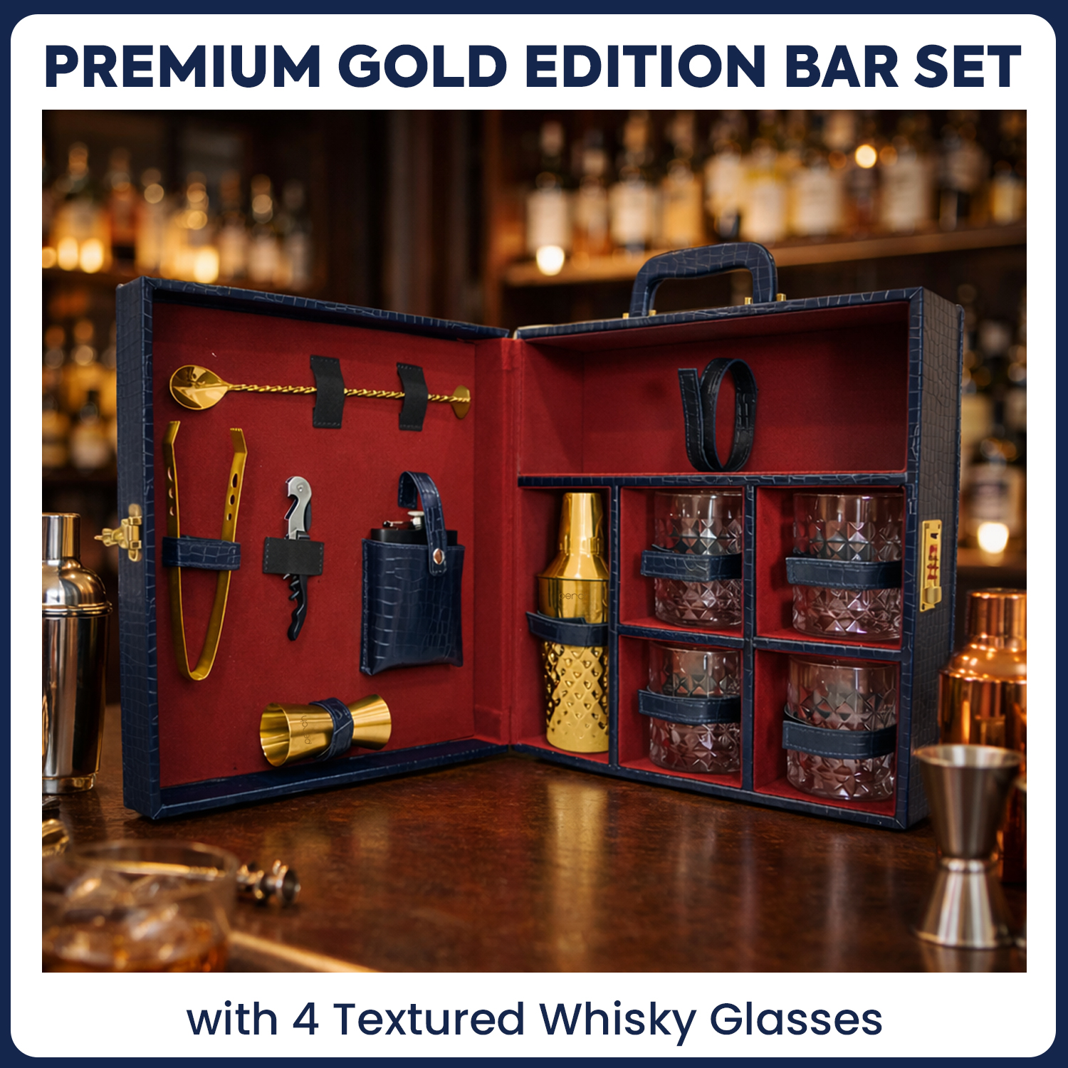11-Piece Crocodile Print Leatherette Suitcase Bar Set with Diamond Cocktail Shaker & 4 Whisky Glasses – Golden