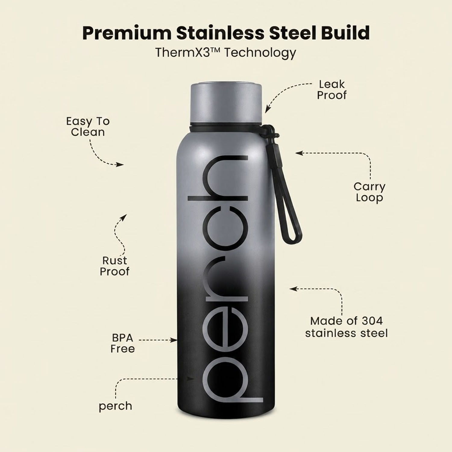 Zion Insulated 720ml Water Bottle, Cloud Black
