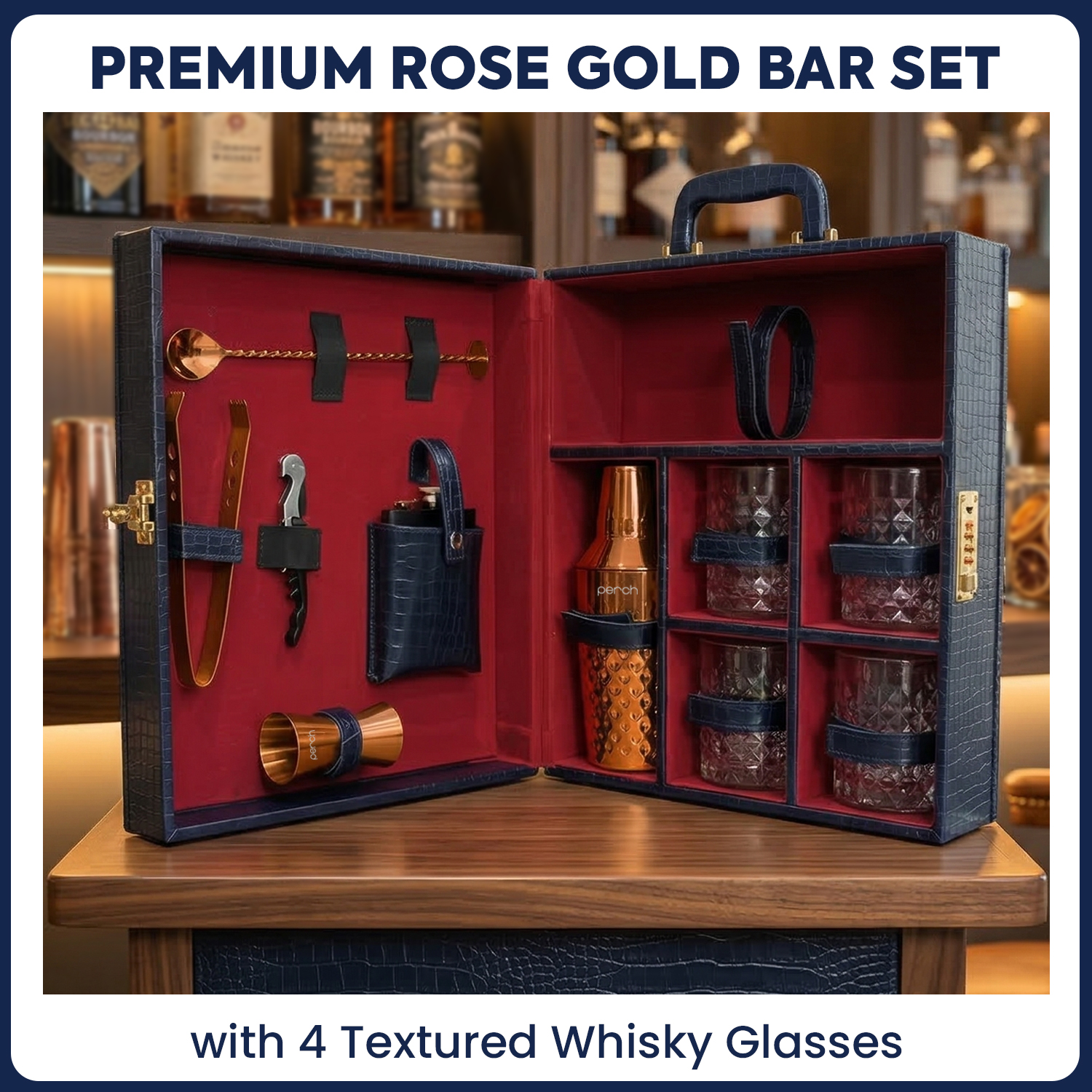 11-Piece Crocodile Print Leatherette Suitcase Bar Set with Diamond Cocktail Shaker & 4 Whisky Glasses – Rose Gold
