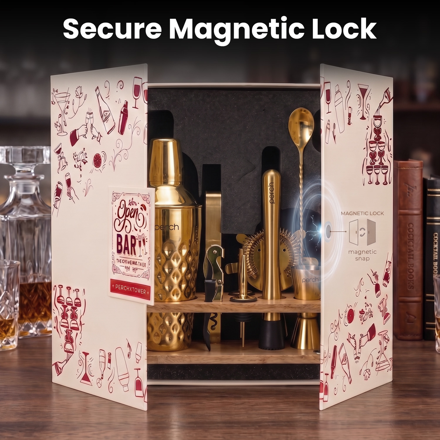 O' Holic 10-Piece Bartender Kit with Mango Wooden Stand | Diamond Cocktail Shaker Gift Set | Golden