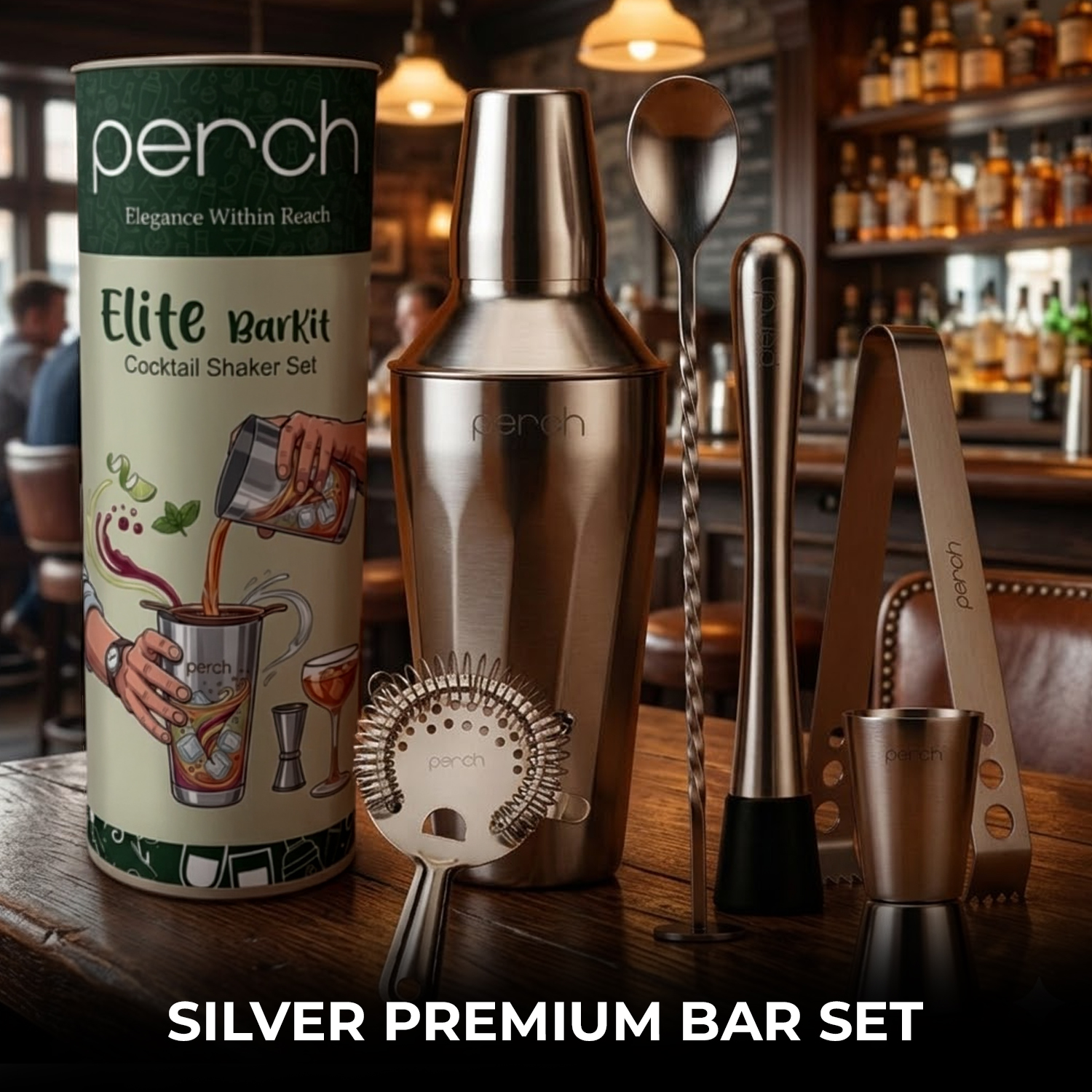 Elite 6-Piece Stainless Steel Bartender Kit | Twist Cocktail Shaker Set with Bar Tools -Silver