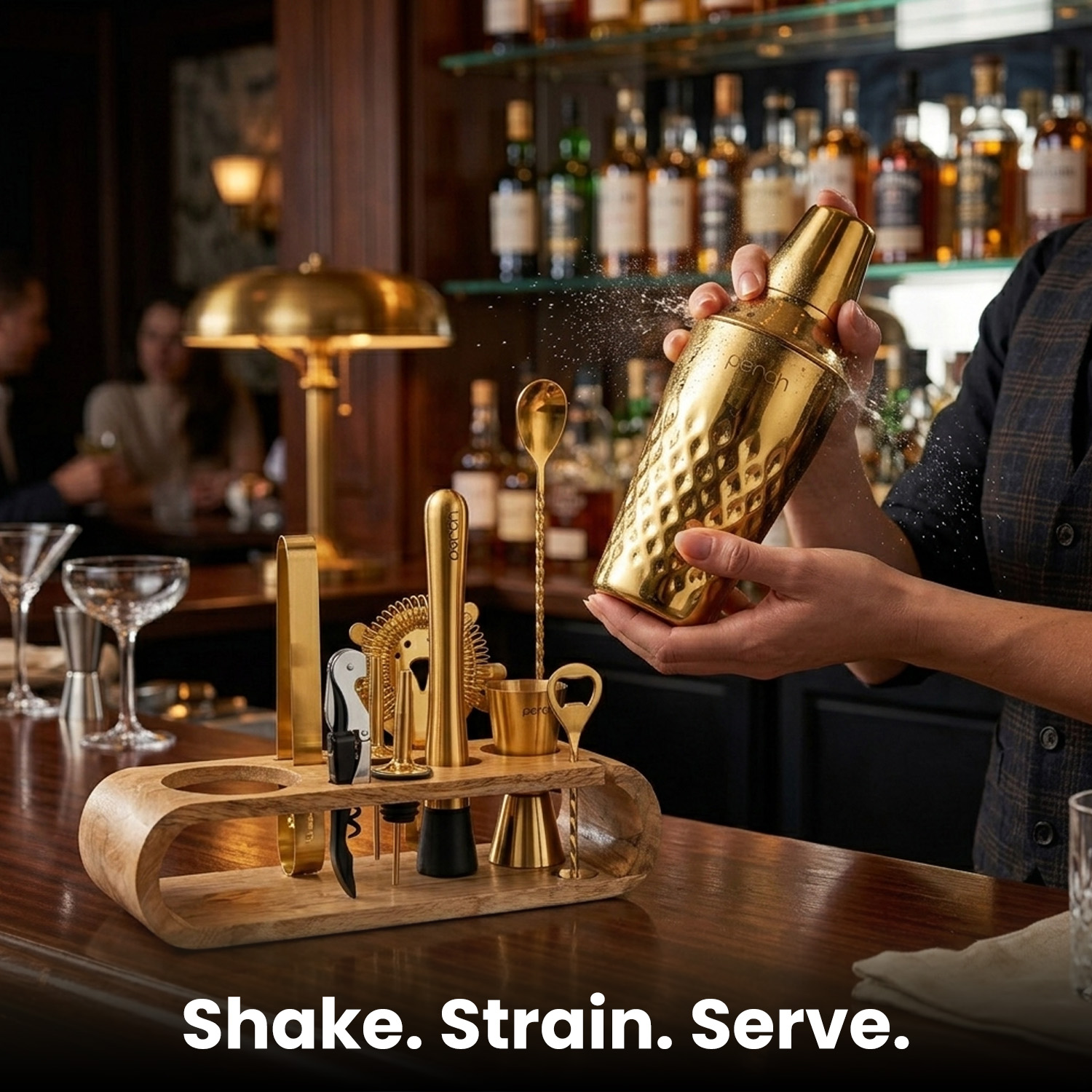 O' Holic 10-Piece Bartender Kit with Mango Wooden Stand | Diamond Cocktail Shaker | Golden