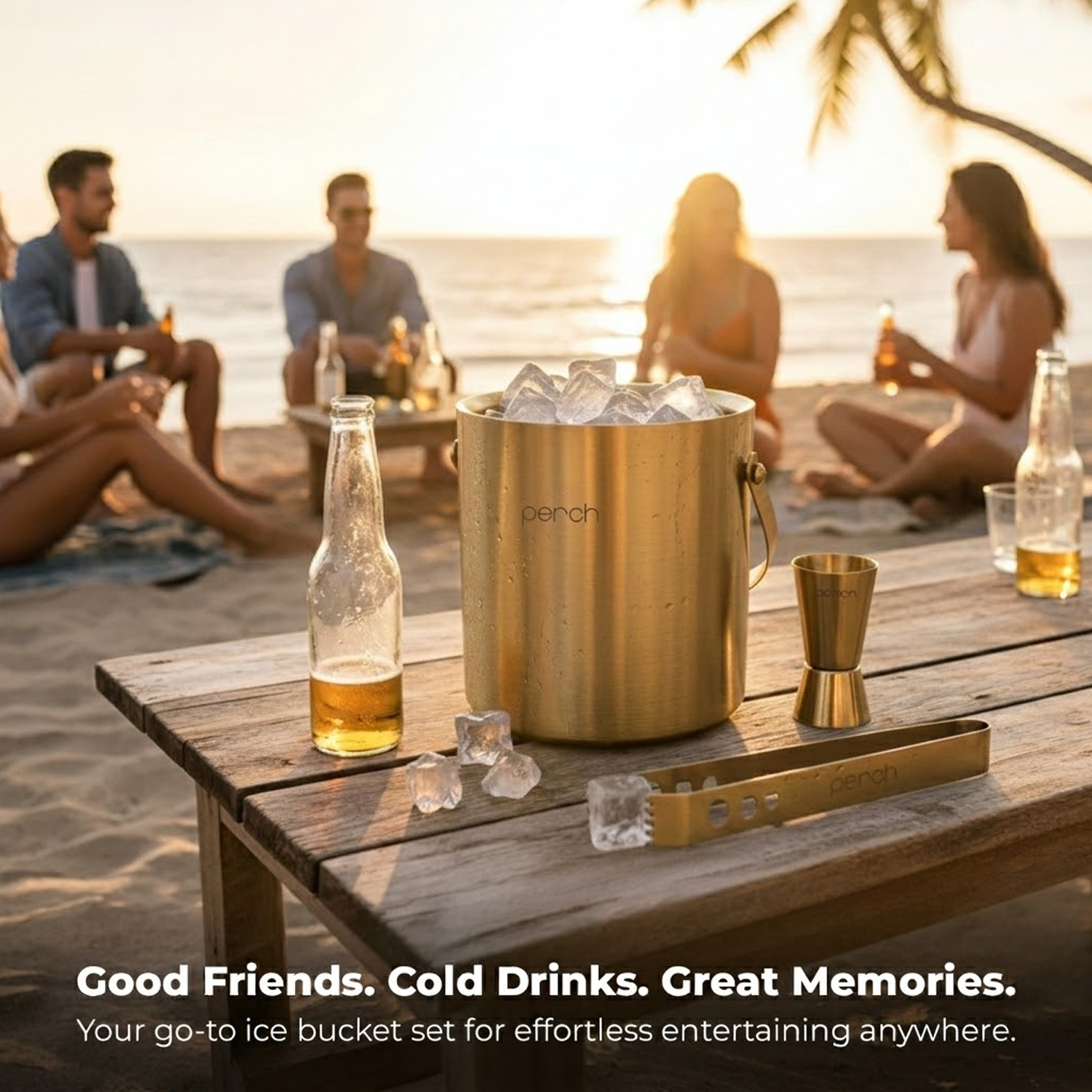 Gold Stainless Steel Ice Bucket Set with Lid, Handle, Ice Tong & Jigger – 1.5L